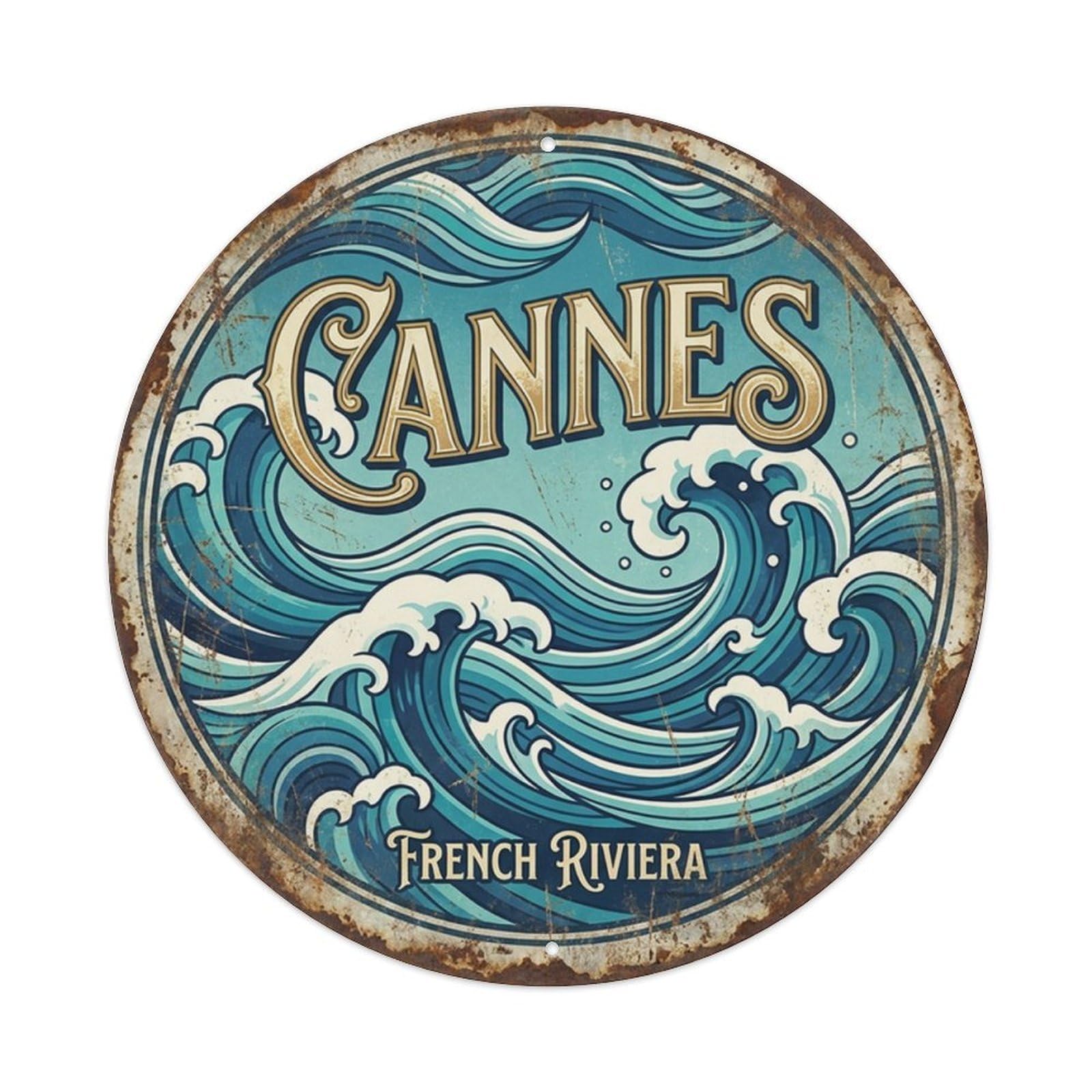 Cannes Wave Pattern Mediterranean Travel Vintage Metal Tin Sign