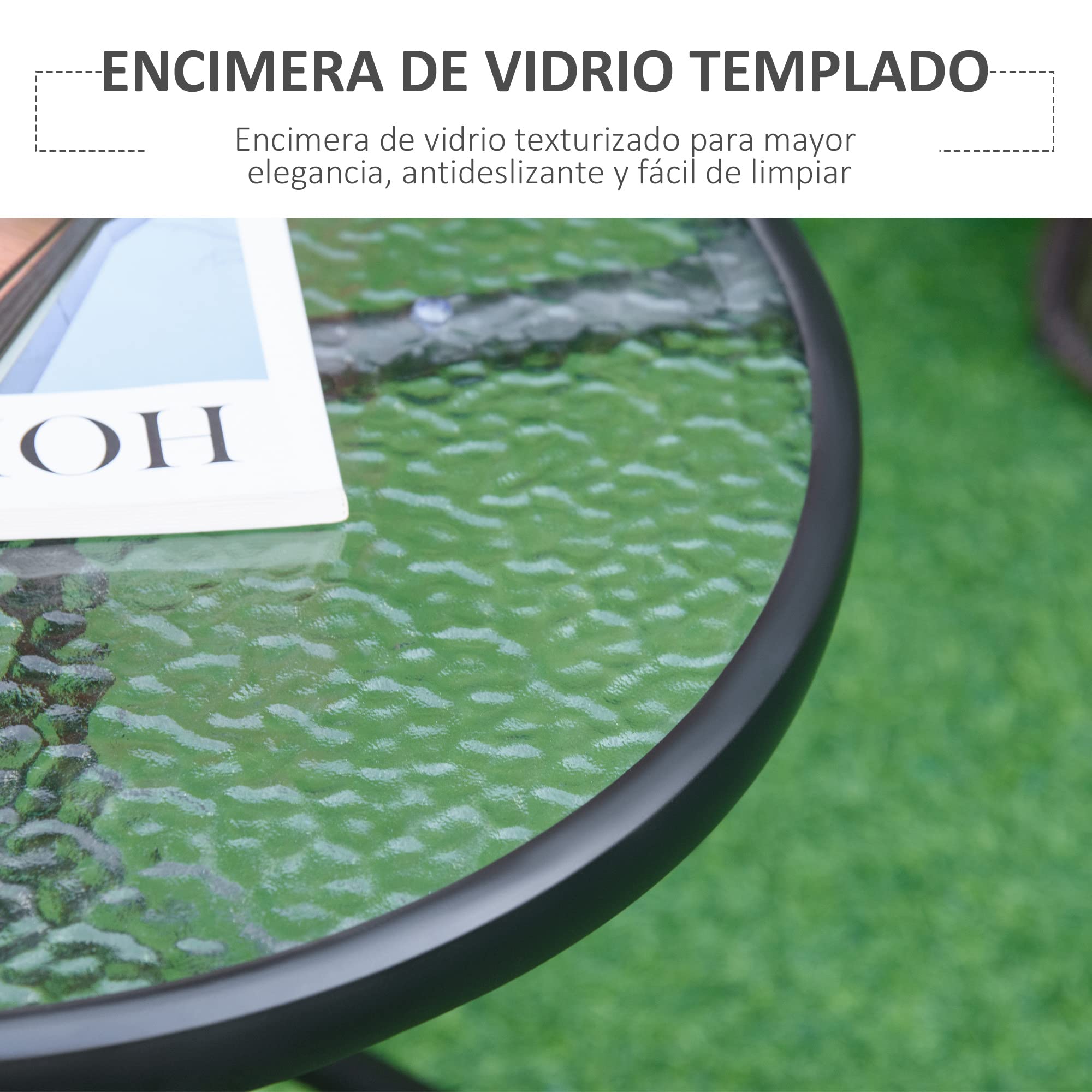 Outsunny Mesa de Jardín Redonda Mesa de Café Exterior con Tablero de Cristal Decorativo y Marco de Metal para Patio Terraza Balcón Ø50x55 cm Negro