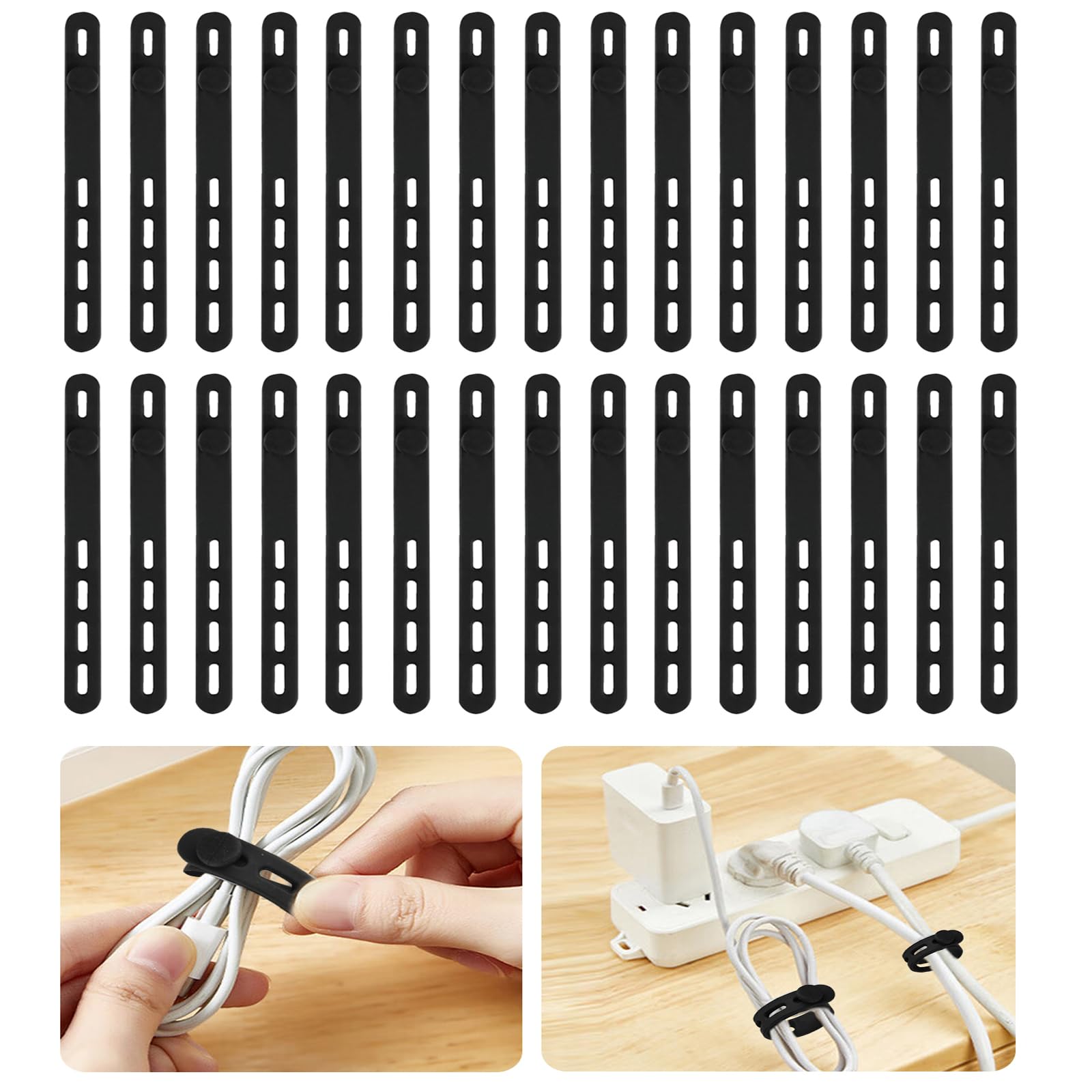 30Pcs Reusable Silicone Cable Ties Reusable Cable Organiser Clips, Flexible Wire Tidy for Cables Earphone Phone Charger USB Computer Cord Organiser, Home Office Storage Solutions(Black)