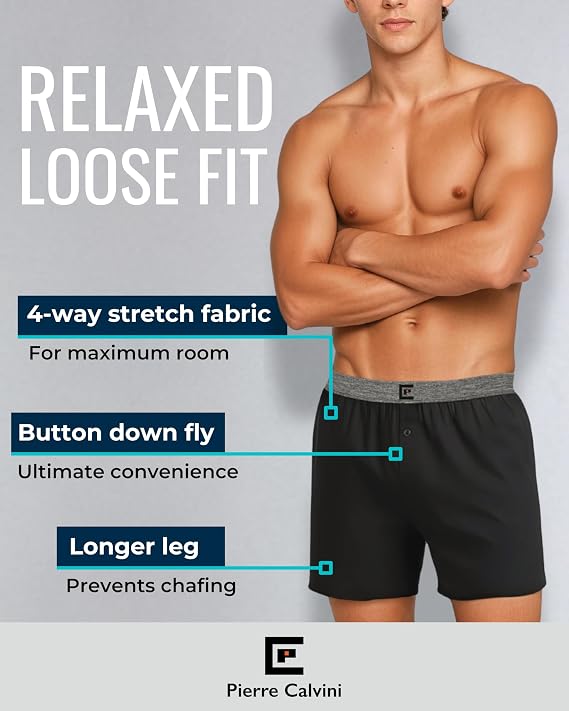 Pierre Calvini Loose Fit Mens Boxers - Soft Cotton Underwear (3/6Pk)