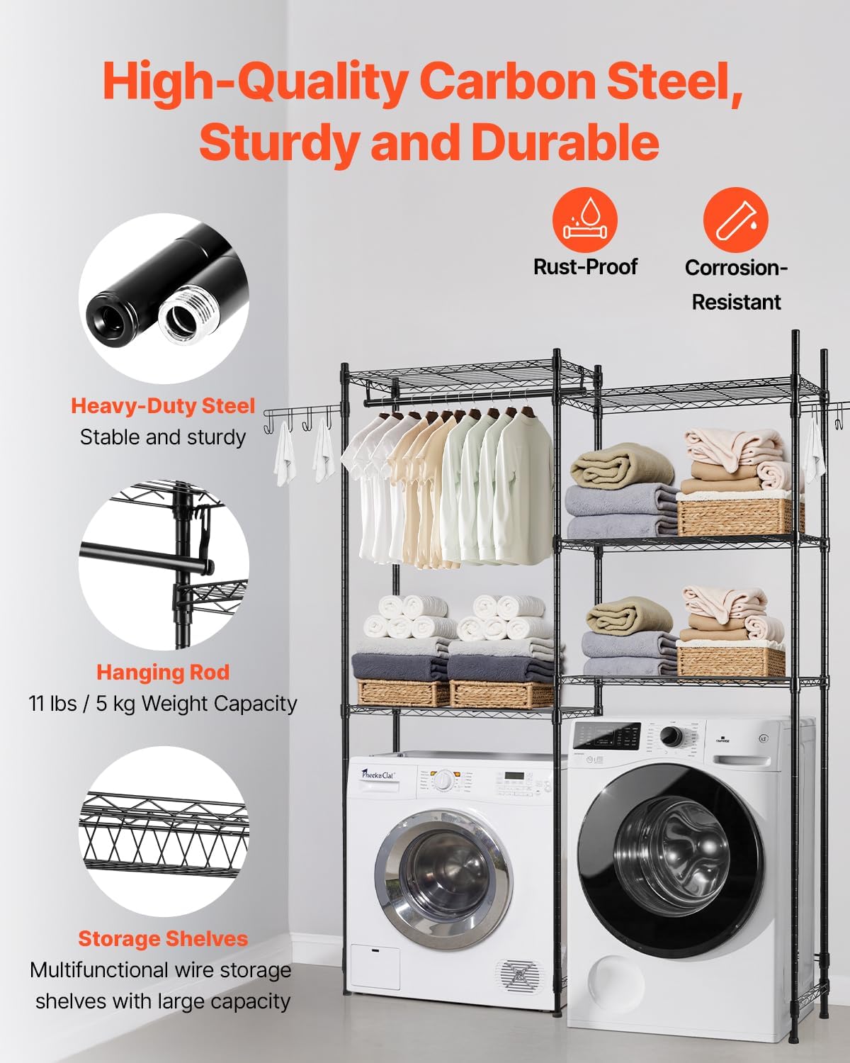 VEVOR Over The Washer and Dryer Storage Shelf, 5 Tier Laundry Room Drying Rack with Hanger Rod and Hooks, Adjustable Over Washer and Dryer Shelves, Laundry Room Shelf Storage Space Saver, Black