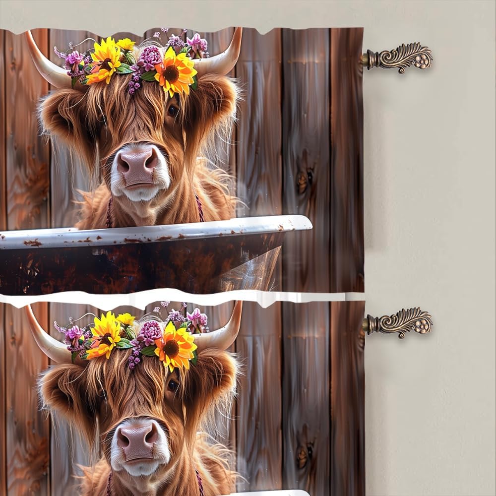 2 Panels Funny Highland Cow Valance for Windows, Vintage Flowers Bathtub Rod Pocket Valance Curtains Home Decor Window Treatment for Kitchen/Living Room, 54" X 18"