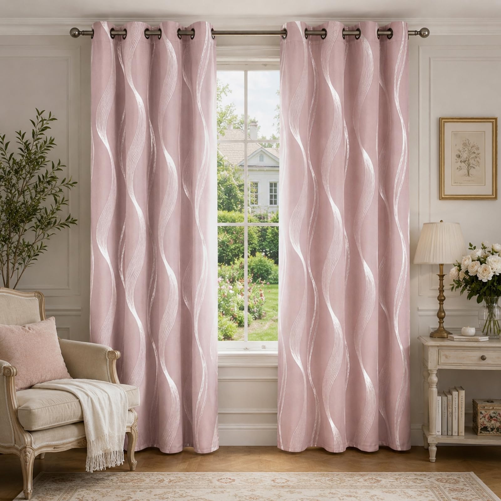 SSWH Blackout Curtains for Bedroom, Wave Line Thermal Insulated Eyelet Curtains Room Darkening Window Drapes for Living Room Privacy Protection(Size:Custom Size,Color:Pink)