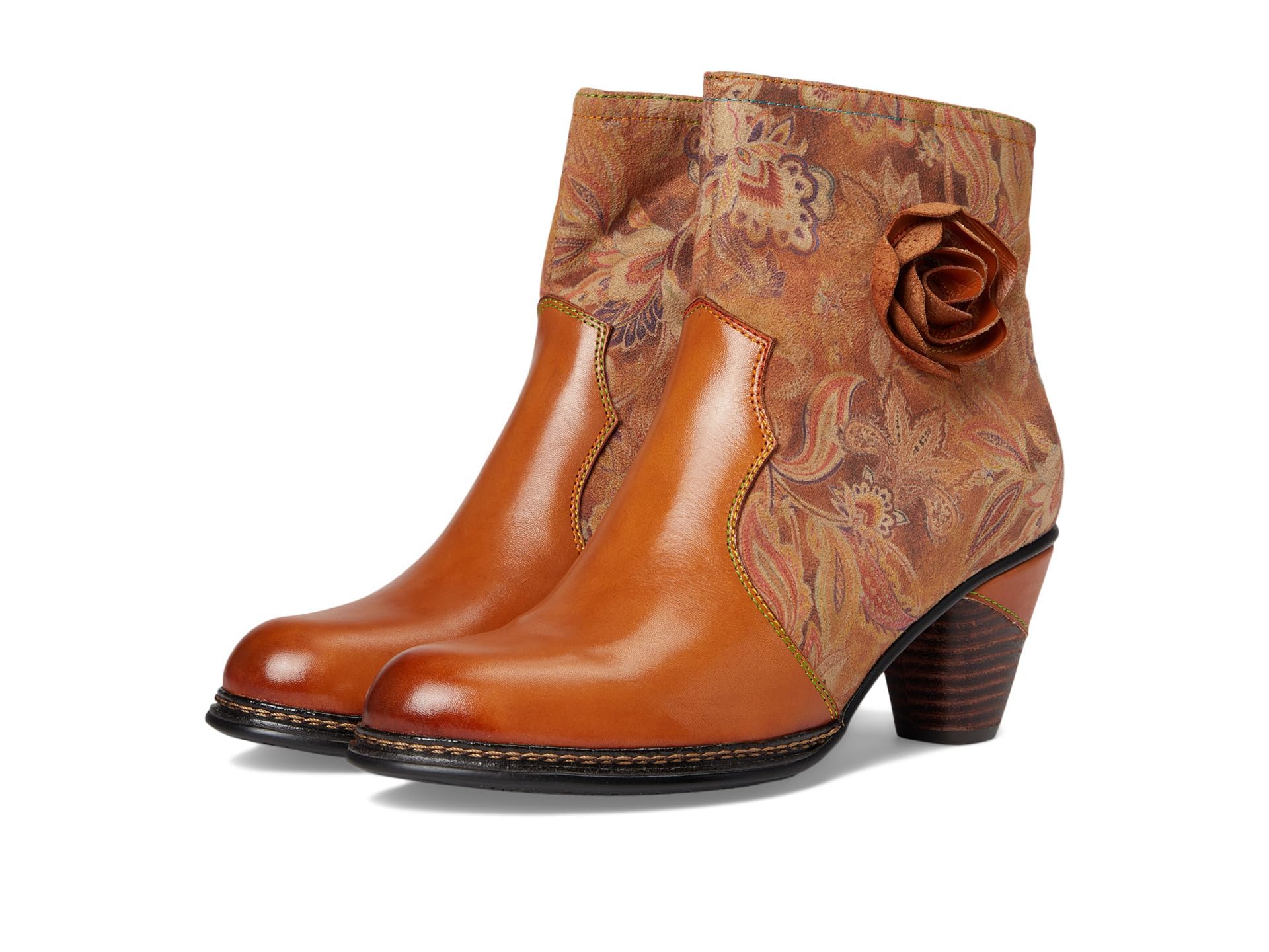 Spring Step L'Artiste Naima Heeled Booties | Floral-Printed Leather Ankle Boots with Rose Cutout Design