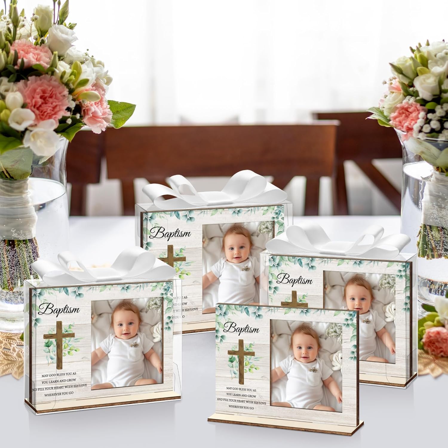 Vercraft 12 Set Baptism Picture Frame Catholic Baptism Gifts Wood Photo Frame Baby Shower Favor with Clear Plastic Clear Boxes and Satin Ribbon Bows for Religious First Communion Decor(White)