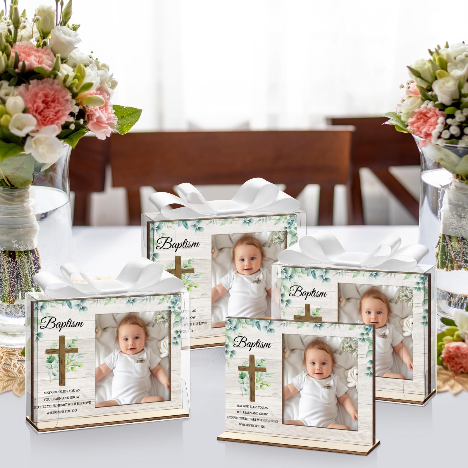 Vercraft Bilderrahmen zur Taufe, katholische Taufgeschenke, Holz-Bilderrahmen, Babyparty, Gastgeschenk mit transparenten Kunststoffboxen und Satinband-Schleifen für religiöse Erstkommunion, 12 Stück