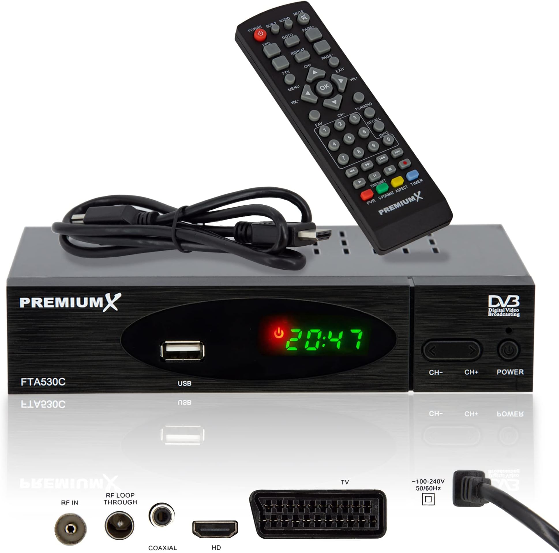 PremiumX FTA 530C FullHD Digital DVB-C / C2 TV Receiver, Auto Installation, USB Media Player, SCART, HDMI, Optional WLAN for Cable TV, Suitable for All Cable Types