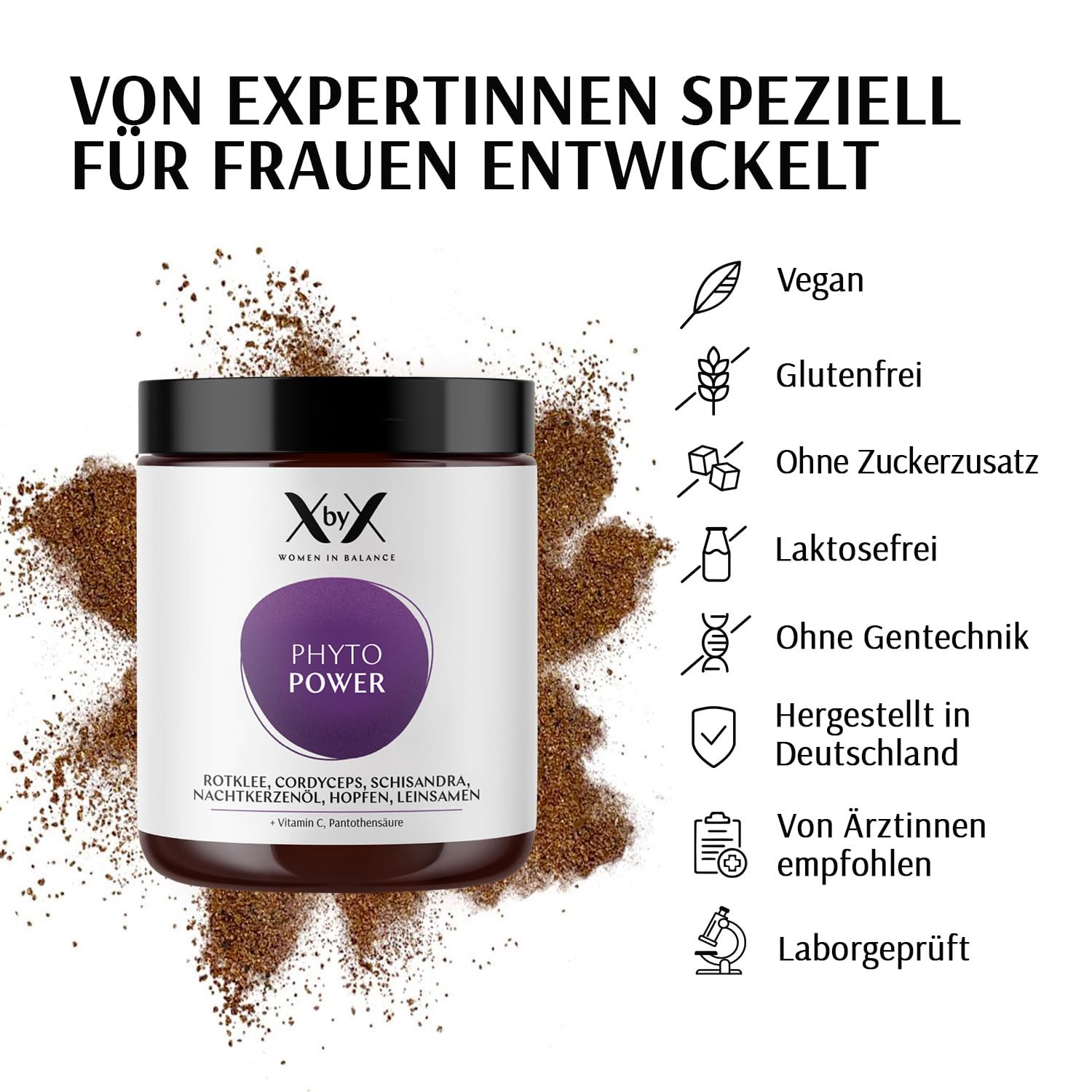 XbyX Phyto Power 90 g | 45 Portionen | Hormonelle Unterstützung ab der Menopause | Hormonfrei | Ohne Soja | Mit Rotklee, Cordyceps, Schisandra, Nachtkerzenöl, Hopfen & Leinsamen | Aus Deutschland