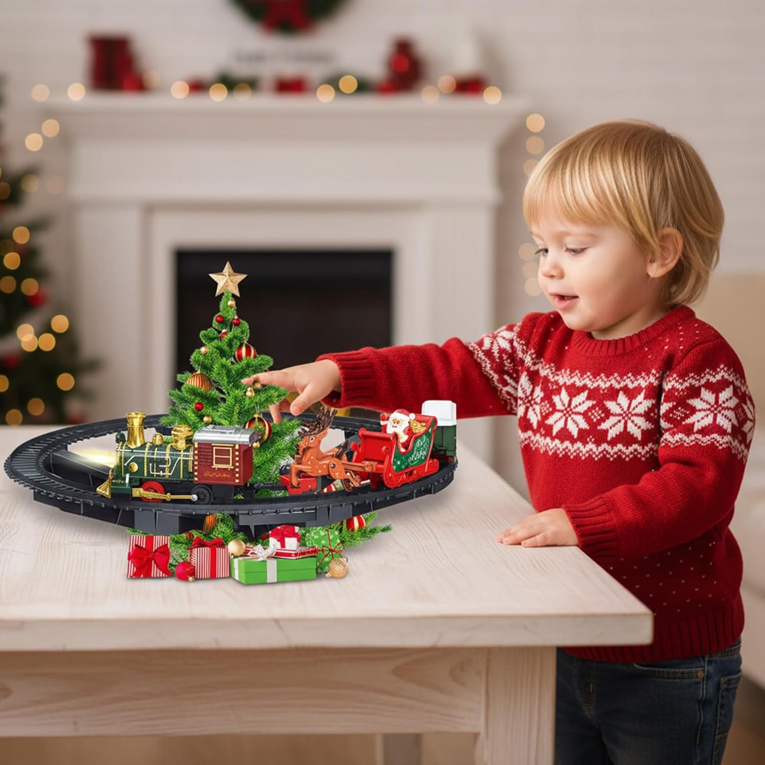 Christmas Train Set,Rechargeable Vehicle with Track | Around The Tree Train Set with Light and Music,for Kids Ages 3+ Holiday Party Home Indoor Play