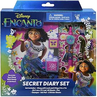 Encanto Secret Diary 60 Sheets in Box Set, Diary with Lock and 2 Keys, Encanto Themed Pen, Stamper, Ink Pad, and 2 Sticker Sheets for Kids 3+