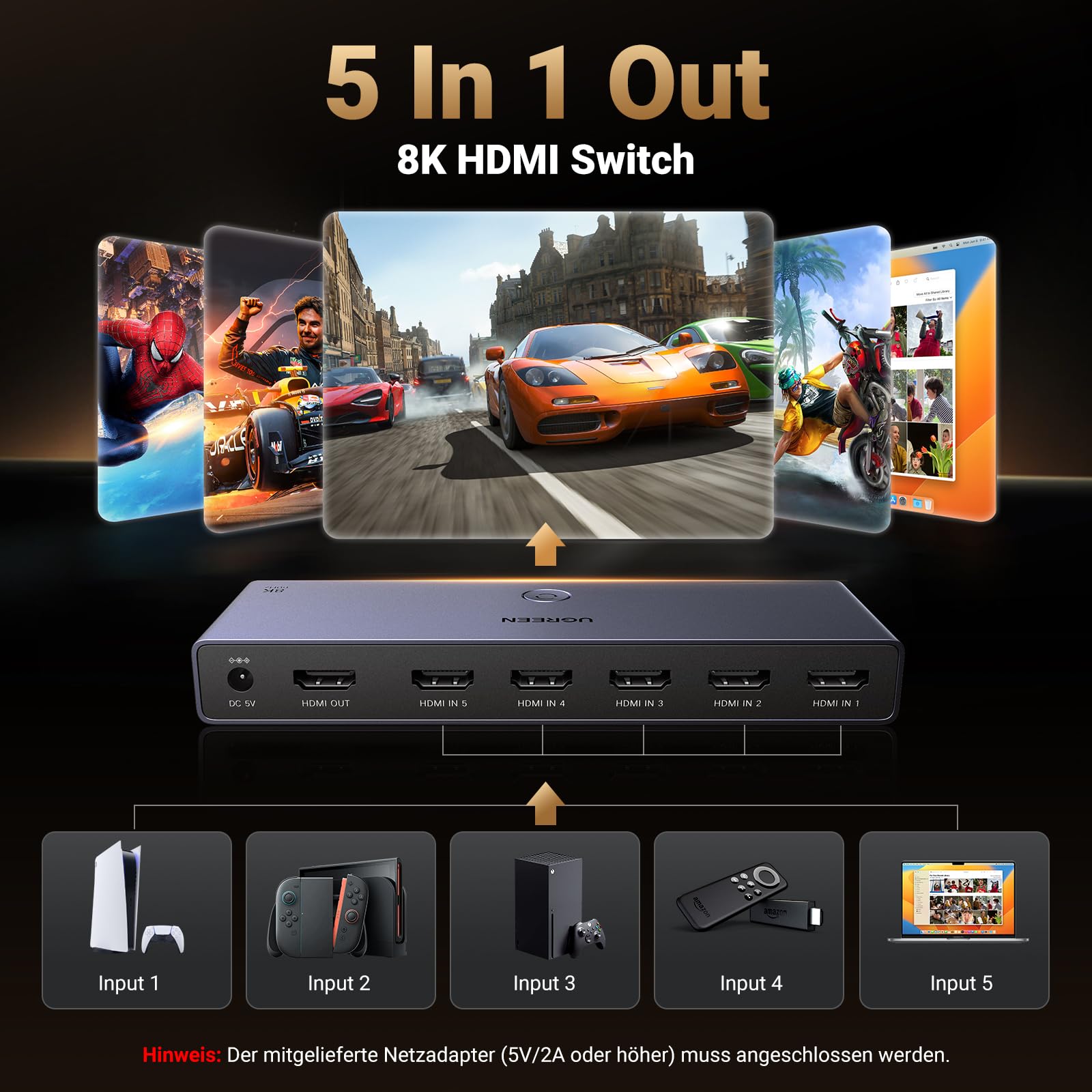 UGREEN 8K@60Hz HDMI Switch 5 in 1 Out Aluminium Unterstützung 4K@240Hz HDR10+ HDCP 2.3 CEC HDMI 2.1 Switch Splitter mit Stromadapter Kompatibel mit PS5/4 Xbox Switch