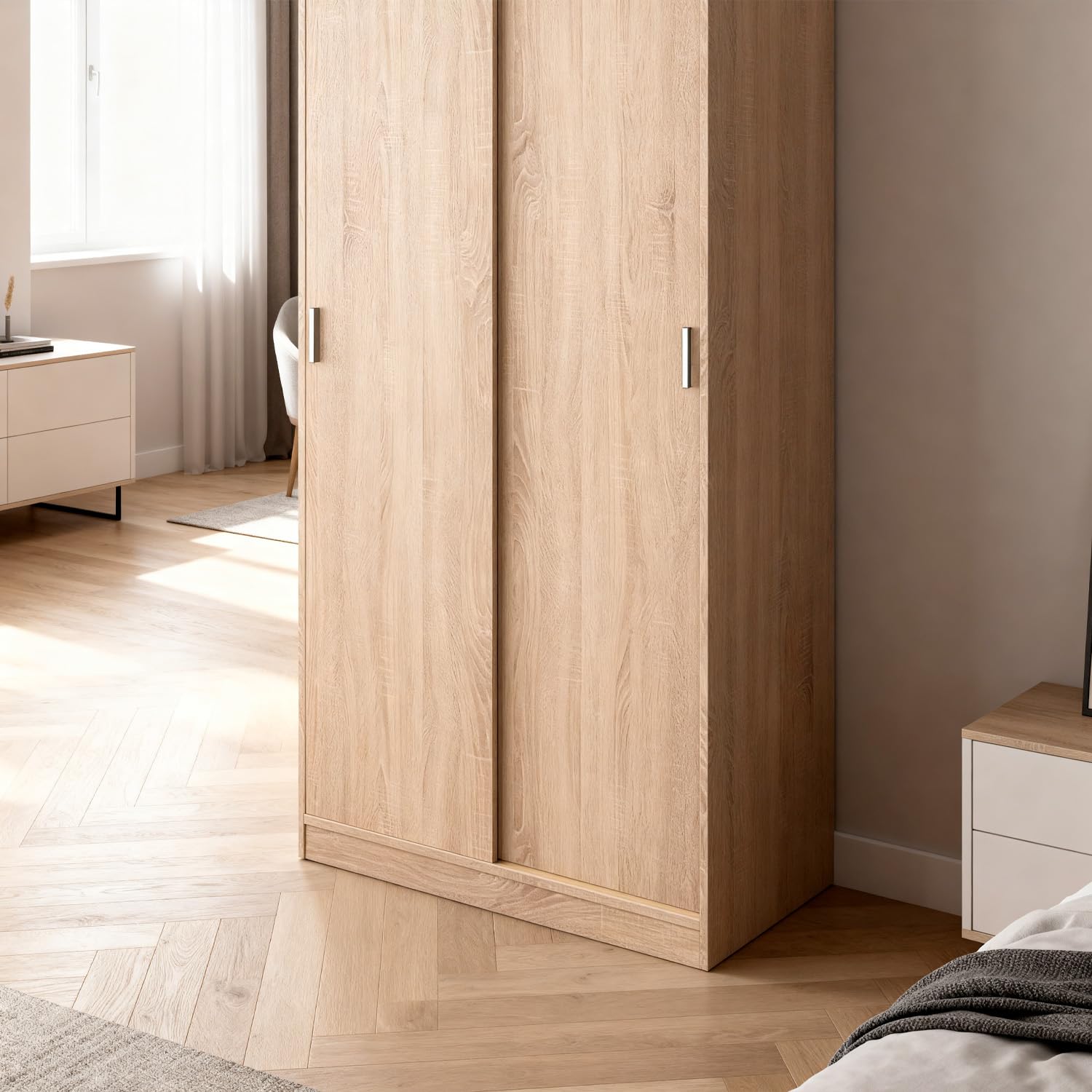 Bricozone Armadio 2 Ante Scorrevoli Con Appendiabiti E Ripiano Superiore Salvaspazio Design Moderno In Rovere Per Camera Da Letto E Cameretta Mobile Contenitore 200 x 100 x 50 Cm