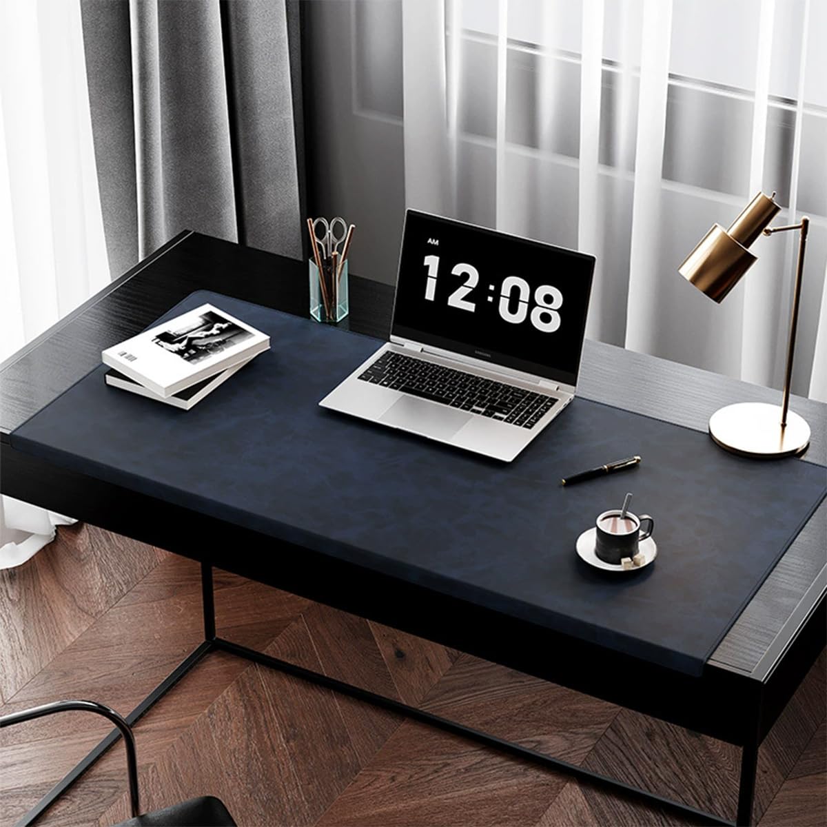 Leather Edge-Locked Desk Pad with Edge Protector, Office Extended Keyboard Mouse Mat for Work Typing, Waterproof Smooth Study Desk Writing Mat Table Blotter (Navy,100x43cm)