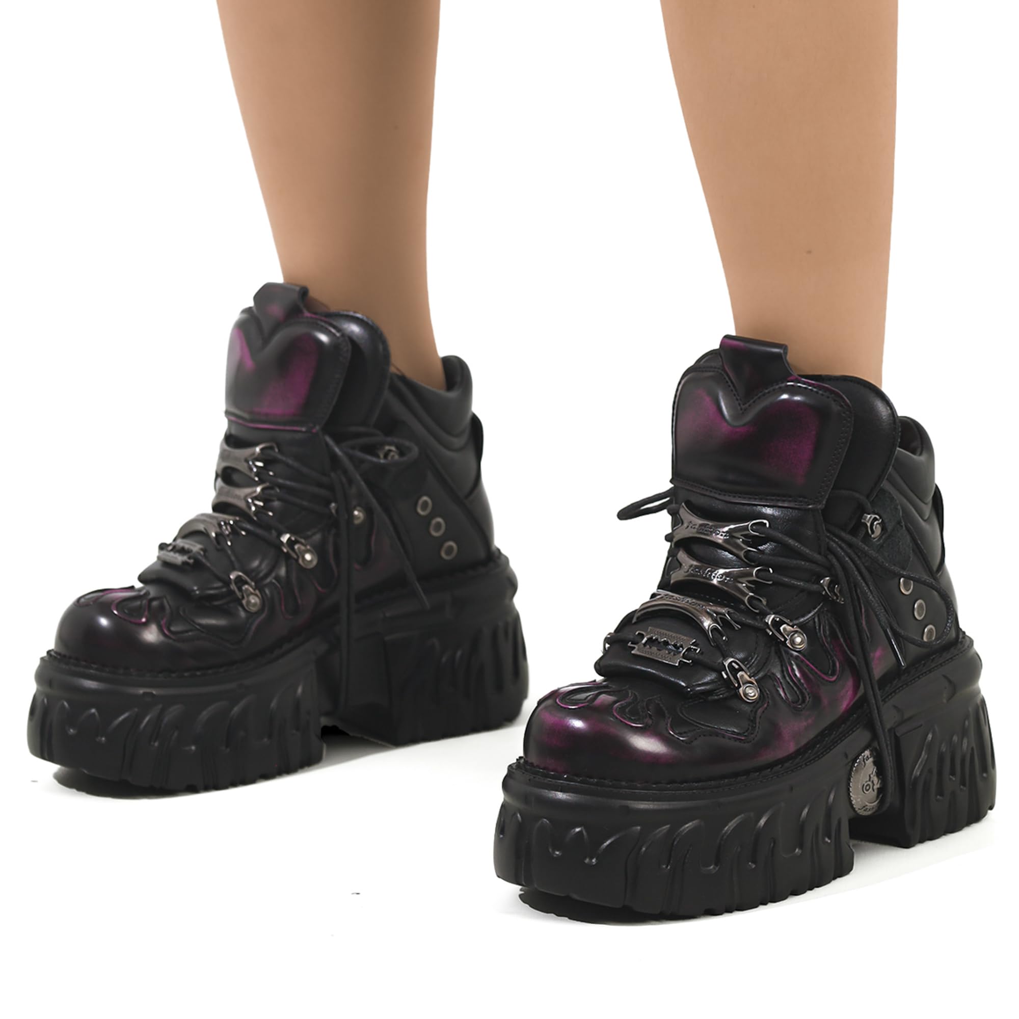 Punk Rock Heavy Metal Plateauschuhe Damen, Gothic Schnürstiefeletten mit Flammen-Design Chunky Plattform Metall Details
