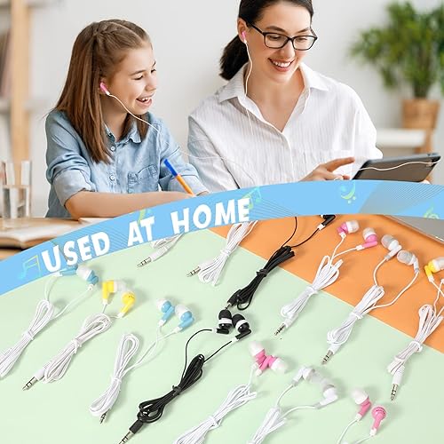 Miniatura 5 de Kigeli Paquete de 100 auriculares para niños a granel para aula, estudiantes, auriculares intrauditivos intrauditivos de 0.138 in, juego de