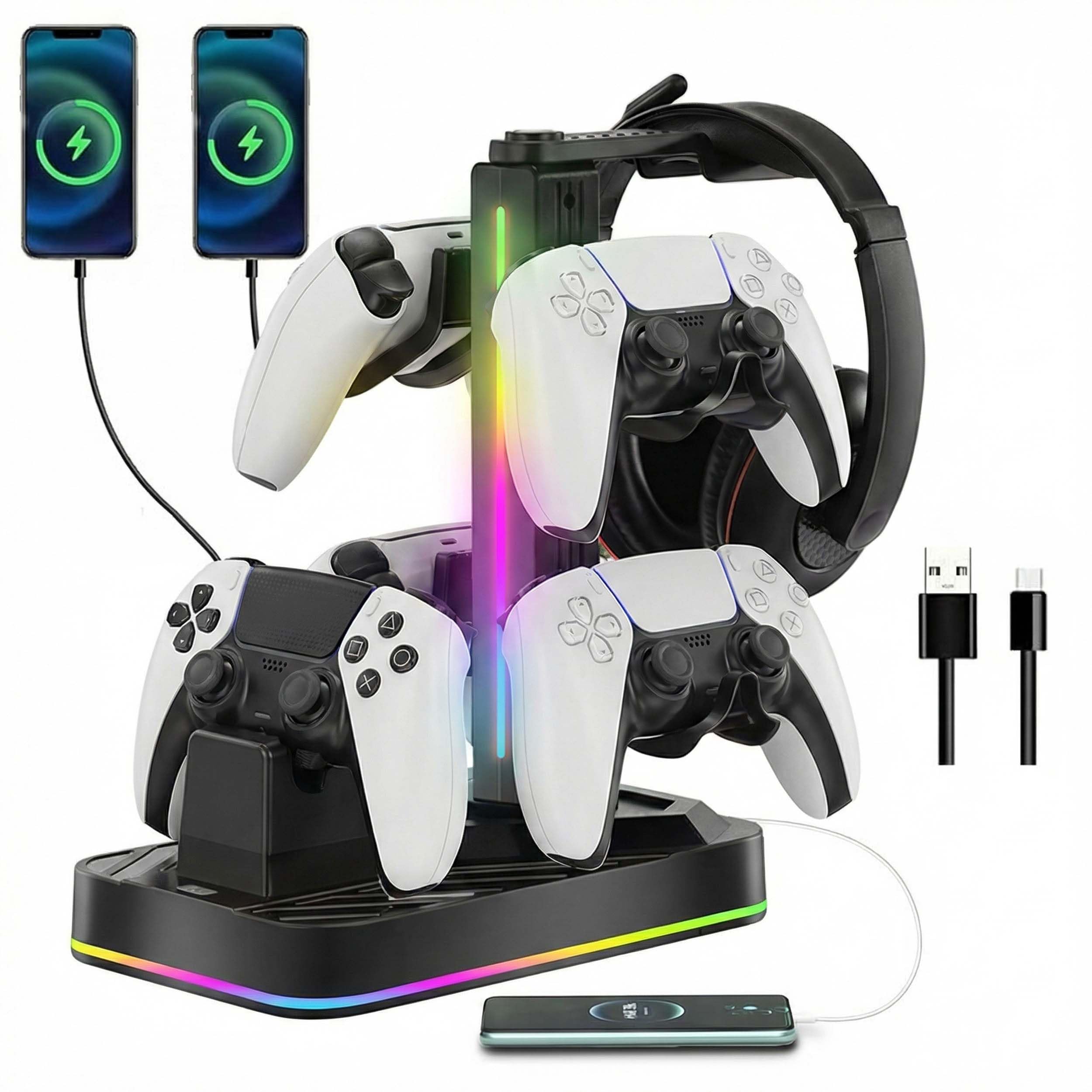 PS5 Controller Charger with Headphone Stand, RGB PS5 Controller Charging Station Dock with 3 USB Ports, Headset and Controllers Holder Stand for PlayStation 5 &amp; DualSense Edge Controllers