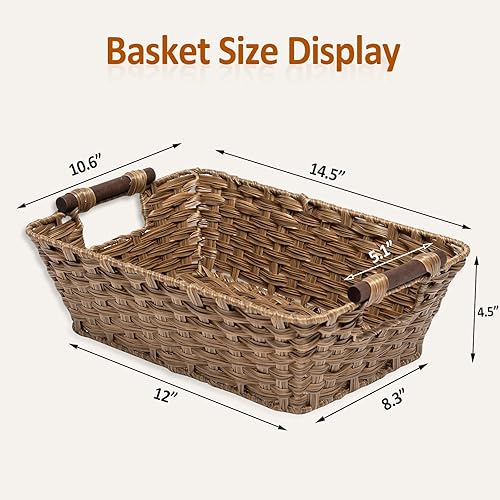 Miniatura 9 de ROSOS Cestas de mimbre, 2 unidades, canastas de mimbre grandes lavables para almacenamiento con asas de madera, cesta de almacenamiento de mimbre de