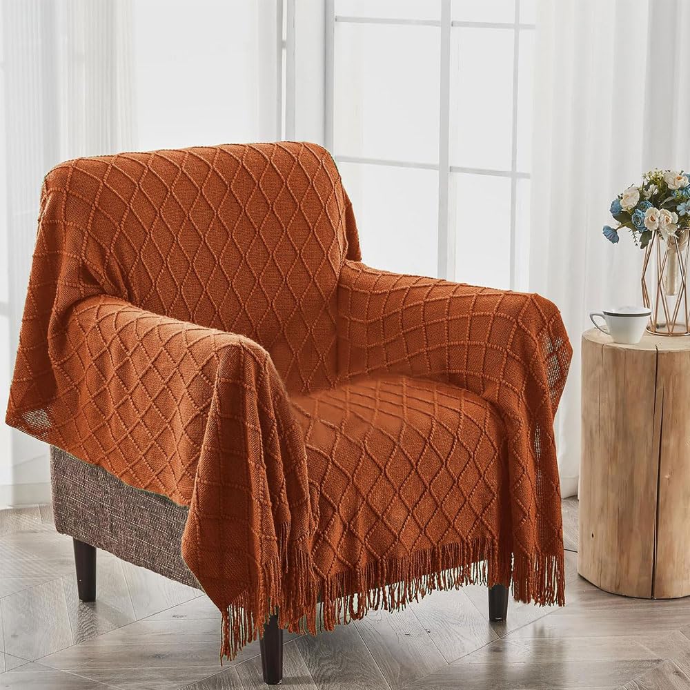 Textured Throw Blankets, Knitted Tassel Blankets, Super Soft Cozy Lightweight Decorative Throw Blankets for Couch, Bed, Sofa, Outdoor Throw Blanket All Seasons 127x180CM Caramel color