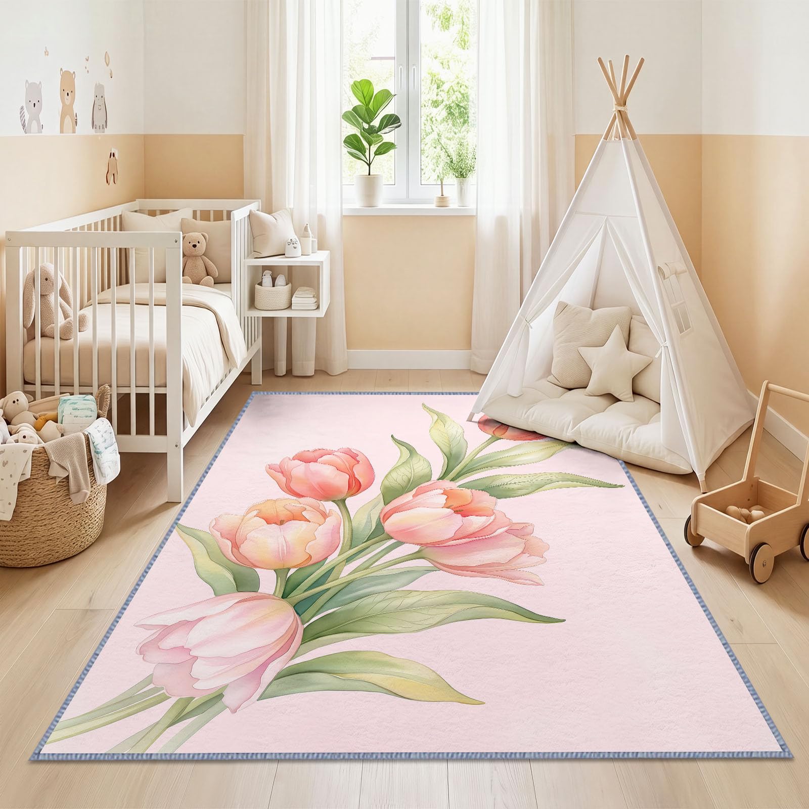 Generisch Floral Tulpe Waschbarer Teppich Wohnzimme 160x230 cm, Weich Kurzflor rutschfest Elegant Natur Kunst Teppich für Schlafzimmer Esszimmer Büro