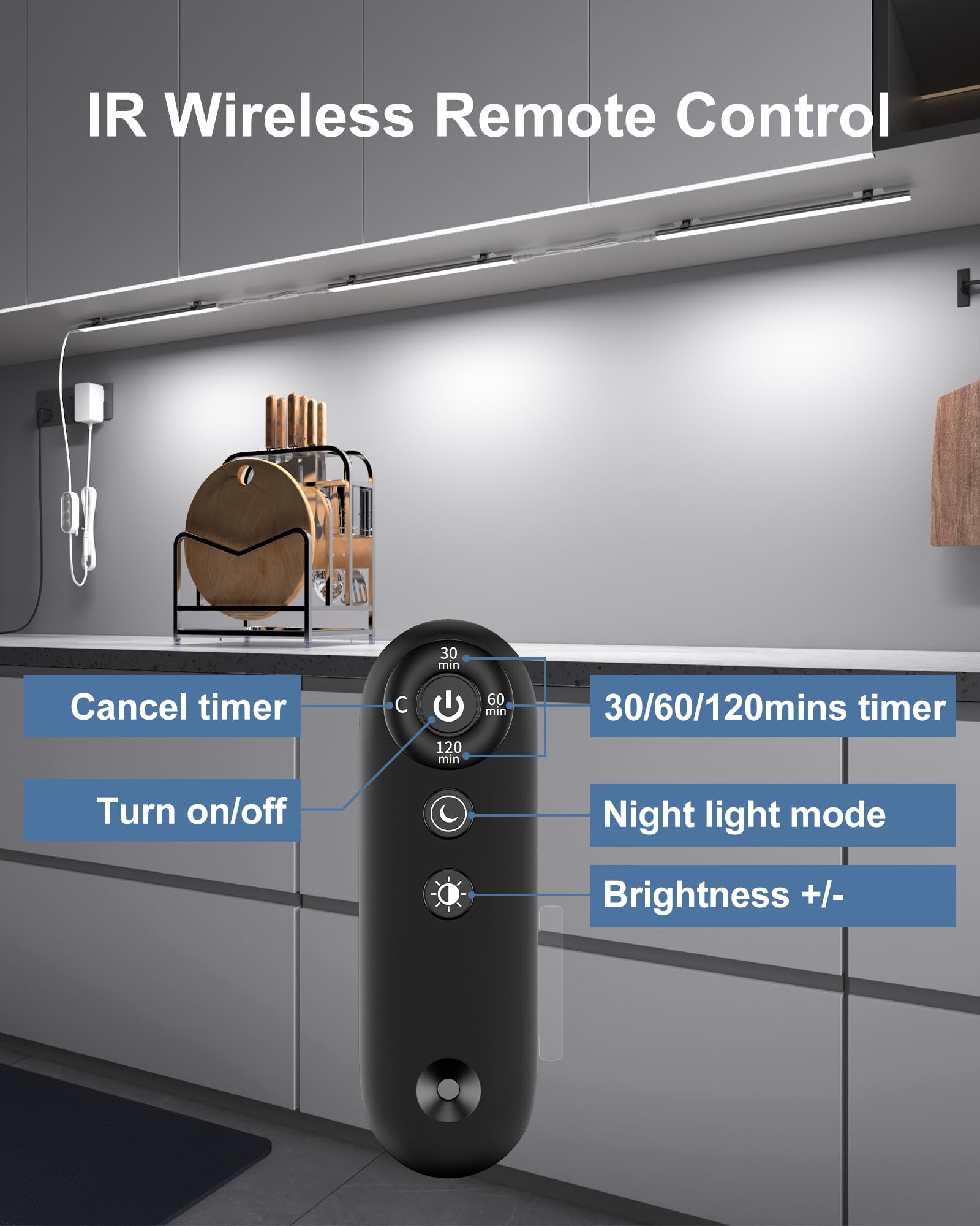 Remote Control Under Cabinet Led Light Plug in, Dimmable Daylight White 4500K, 3 Pack 12 inch Linkable Led Under Counter Lights for Kitchen Upgrade ETL Listed Plug 24V, UNO-LK 4500K