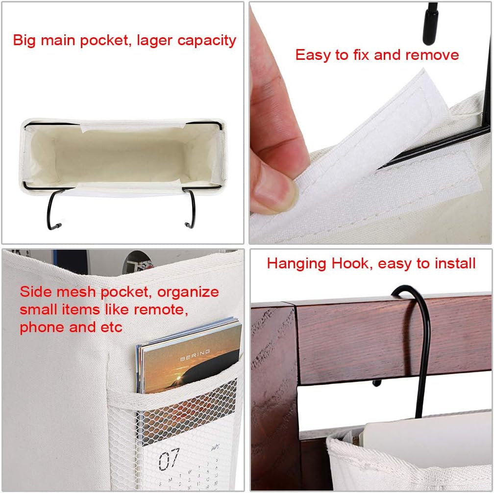 BTSKY Bedside Caddy, Hanging Organizer Bag Holder Bunk Bed Organizer Remote Book Holder for Dorm Room, Hospital Bed Rails, Baby Bed White