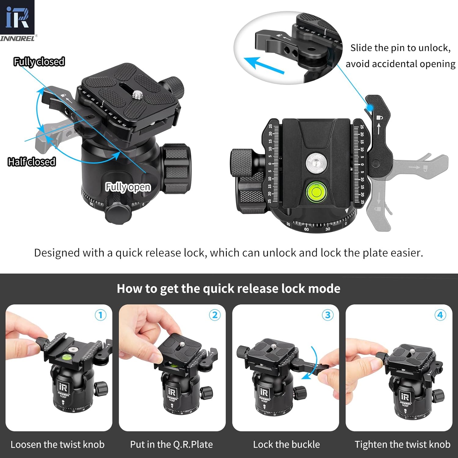 INNOREL N36F Quick Locking Low Profile Tripod Ball Head, Fast Lever Release, Panoramic CNC Metal Camera Tripod Ballhead with 2 Plates for Tripod Monopod DSLR Camcorder, Max Load 44lb/20kg (Black)