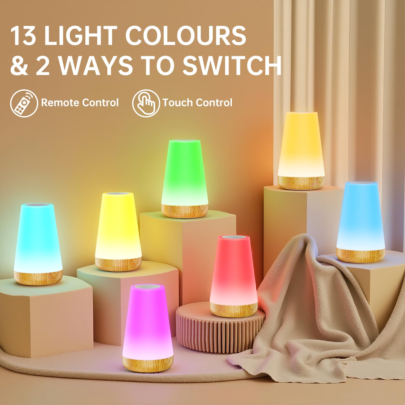 Touch Lampada da Comodino con Telecomando, LED Lampada da Tavolo Senza Fili con 13 Colori, Luce Notturna Bambini per Camera da Letto, Cameretta dei Bambini Soggiorno