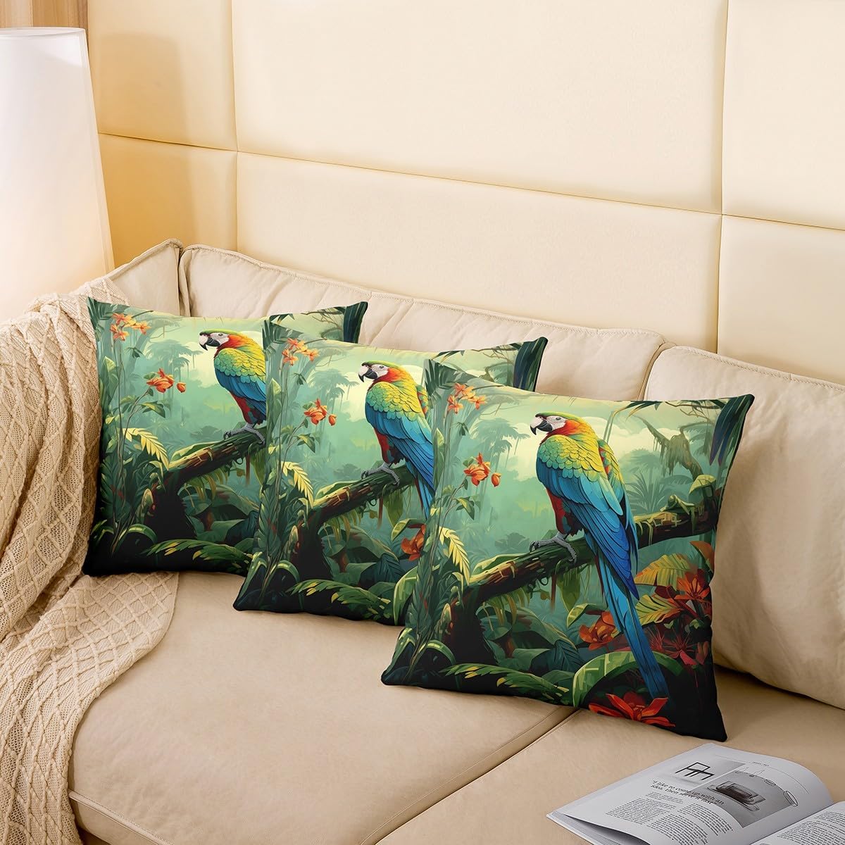 Erosebridal Kids 3D Parrot Cushion Covers 24x24 Inch,Rainbow Bird Throw Pillow Covers,Green Palm Leaf Tree Pillow Covers,Cute Funny Animal Decorative Accent Pillow Cases for Sofa Couch,Bedroom Decor