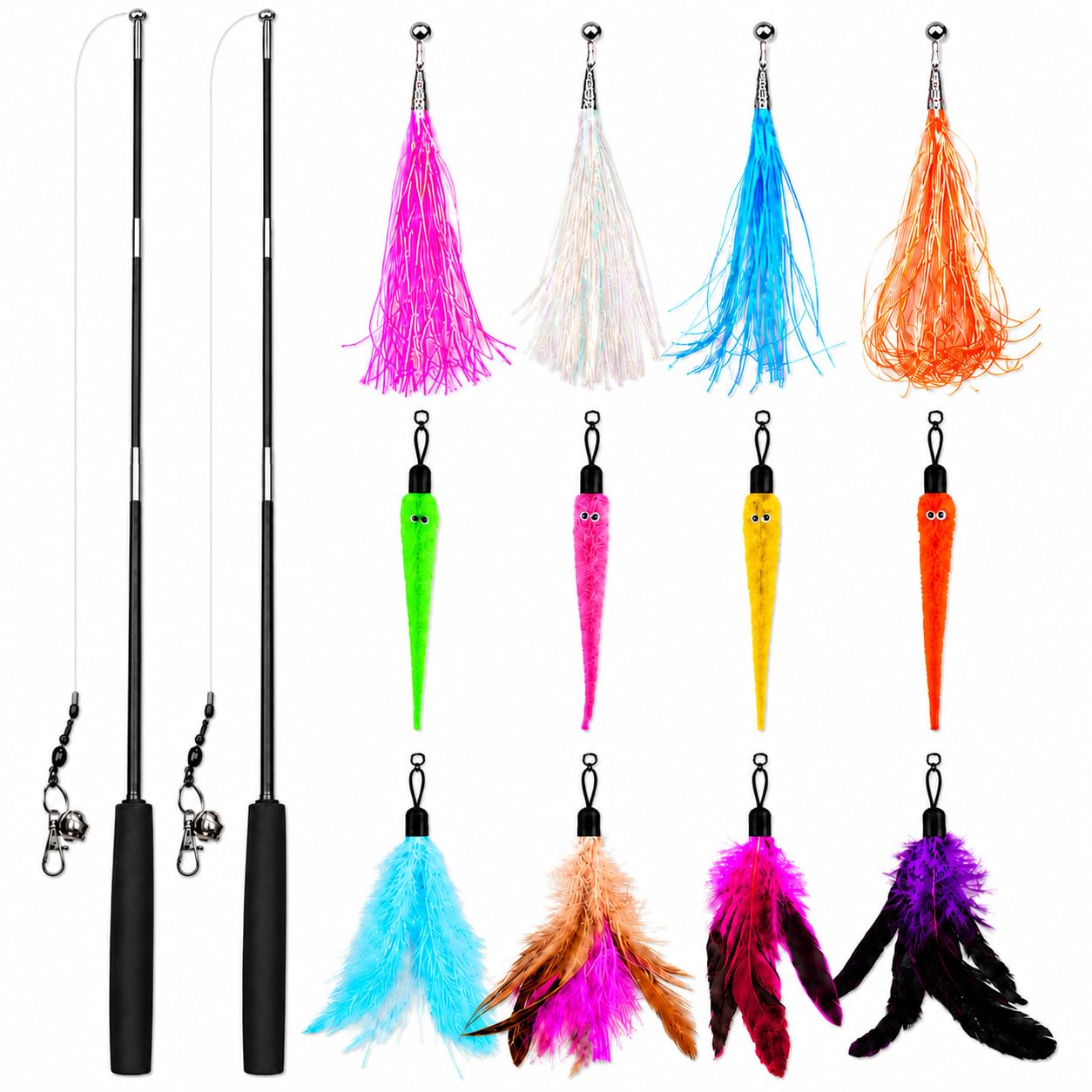 Fan Hua 14 PCS Cat Feather Toys, Cat Toys for Indoor Cats, Cat Teaser Wand with Bells and Feather, 2 Teaser Wand with 12 Refills