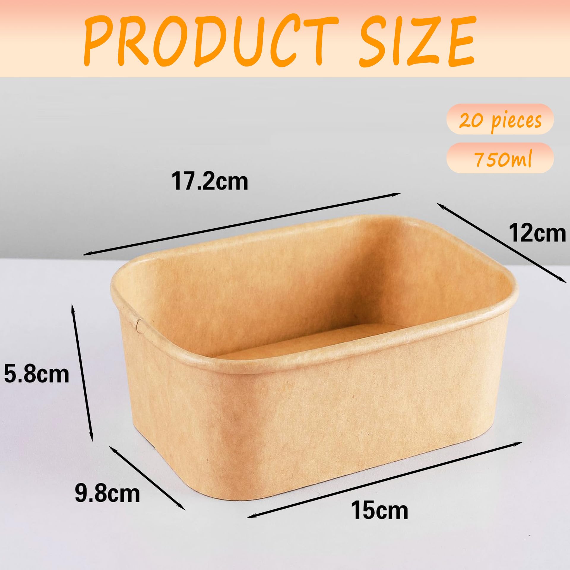 20 pcs Carton à Salade, Emballage à Emporter, Récipients Alimentaires Réutilisables, Boîtes Alimentaires Rectangulaires, Résistant à l'Eau, à l'Huile (Avec Couvercle, 750ml)