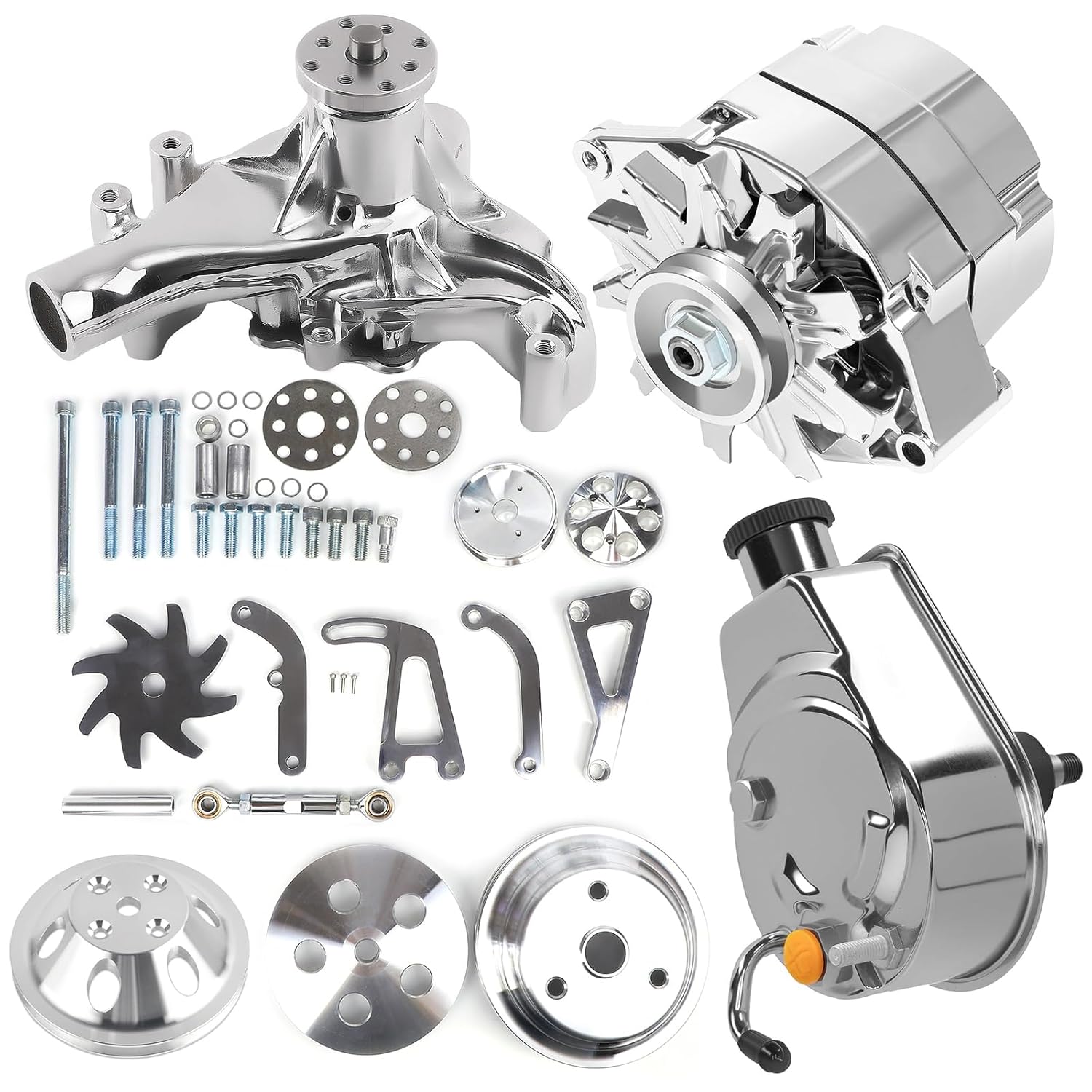 SBC for Chevy Chrome Long Water Pump + Power Steering Pump + 130W Chrome Alternator Kit, Small Block for Chevy 283 302 305 350 400 V-Belt Kit LWP ALT PS