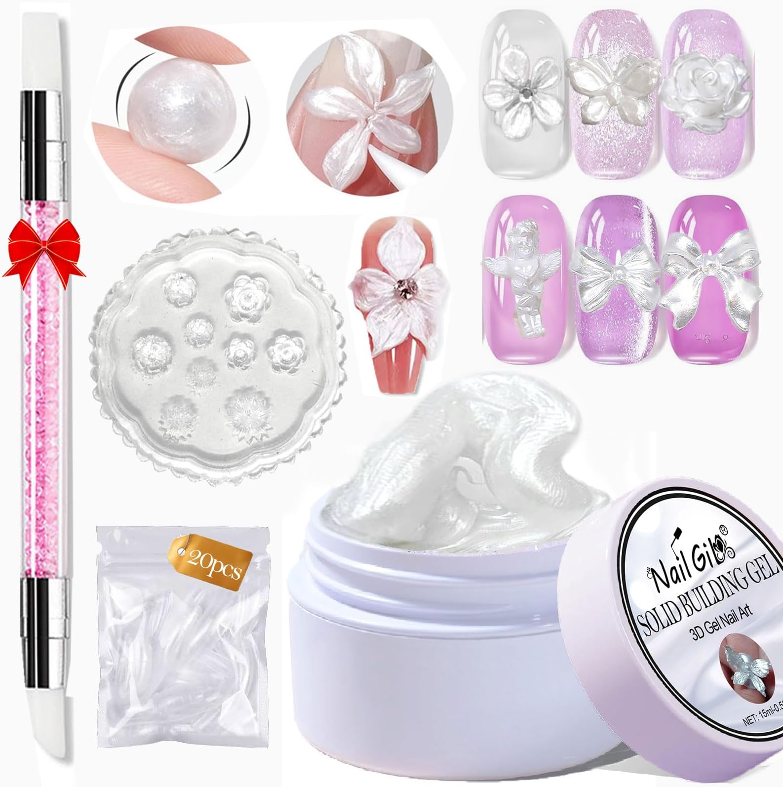 NAILGIL Solid Builder Gel For Nails, Pearl White 3D Sculpture Nail Art Non-Sticky Hand Hard Extension Gel Sock Off UV with Mold for Nail Art Salon Home DIY