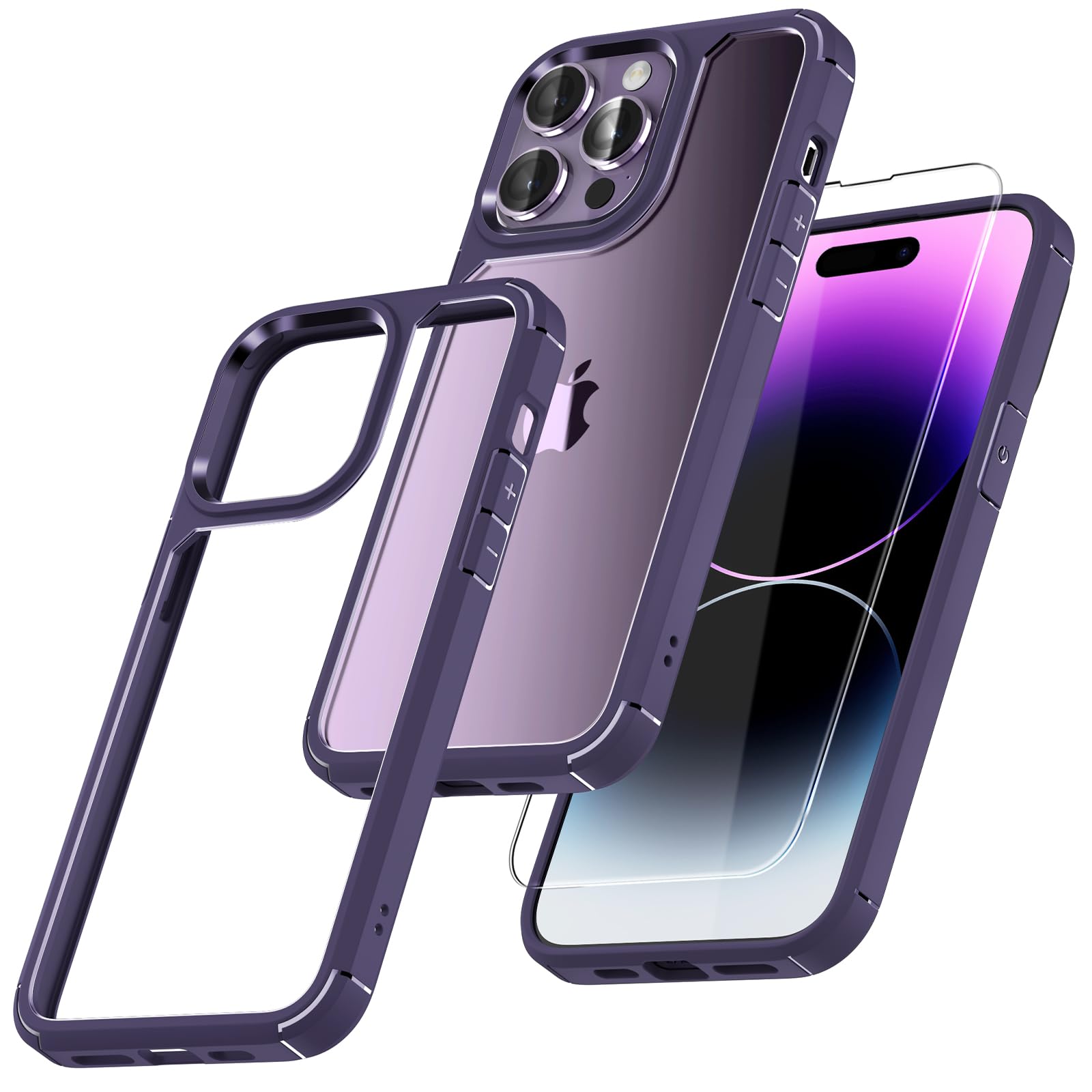 TAURI Cover per iPhone 14 Pro, [3 in 1] 1 Custodia[Senza Ingiallimento] con 2 Pellicole Vetro Temperato, [Protezione Antiurto Militare] Sottile Antishock, Anticaduta- Viola