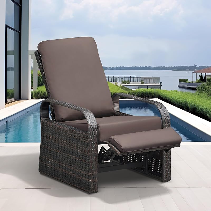 ATR ART TO REAL Outdoor Recliner, Outdoor Wicker Recliner Chair with 5.5'' Thickness Cushions, Automatic Adjustable Rattan Patio Chaise Lounge Chairs, Aluminum Frame, Anti-UV and Rustless (Dark Brown)