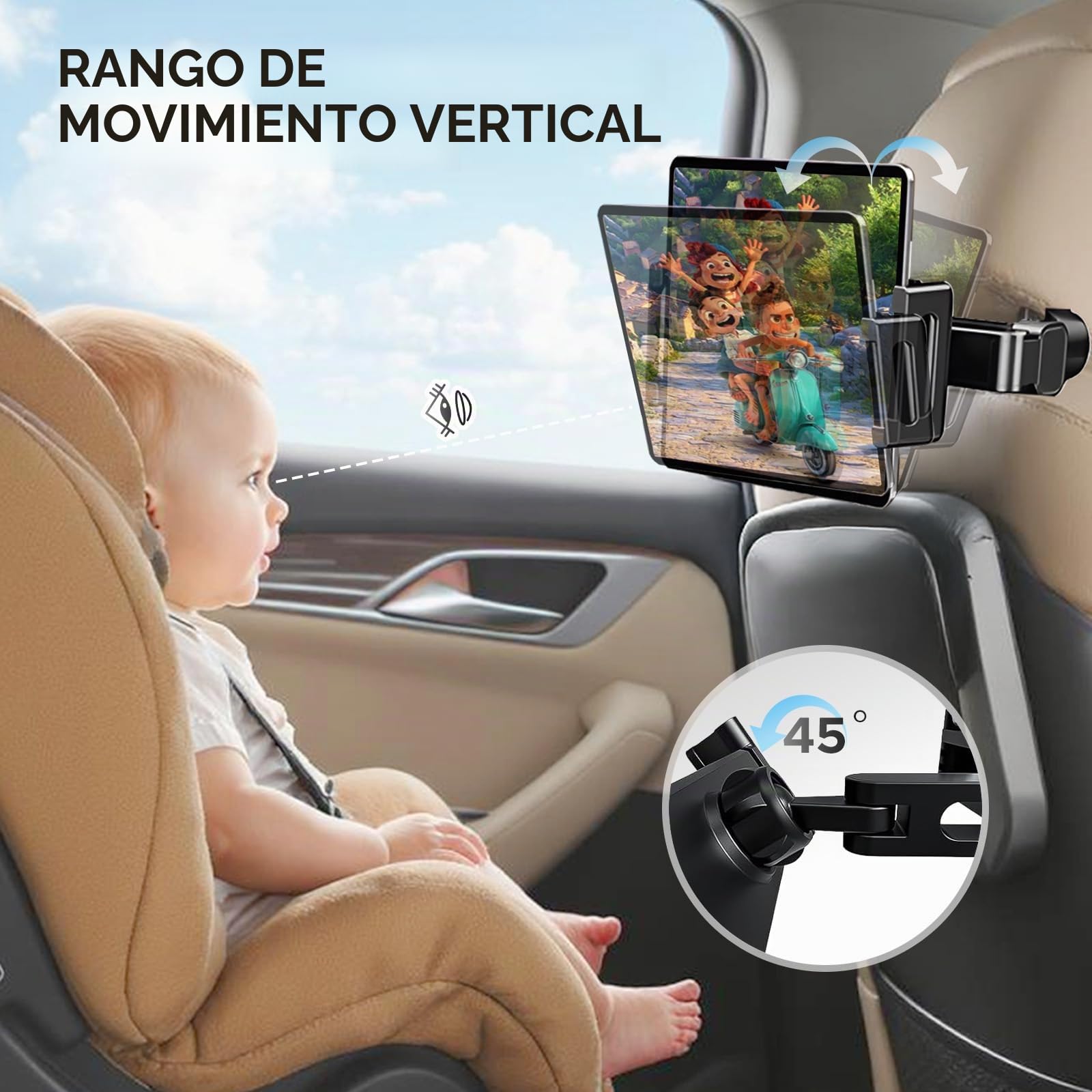 Soporte Tablet Coche, Reposacabezas, Brazo Metálico, Soporte de Tres Brazos Plegables, 360° Rotación, para iPad Pro, Air, Mini, Tab, Otros 4,7-16" Dispositivo