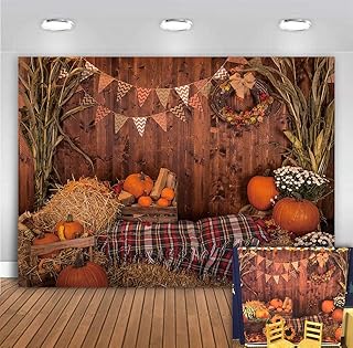 BINQOO 7x5ft Fall Thanksgiving Photography Backdrop Rustic Wooden Floor Barn Harvest Background Autumn Pumpkins Maple Leaves Sunflower Baby Portrait Party Decoration Photo Studio Booth Props