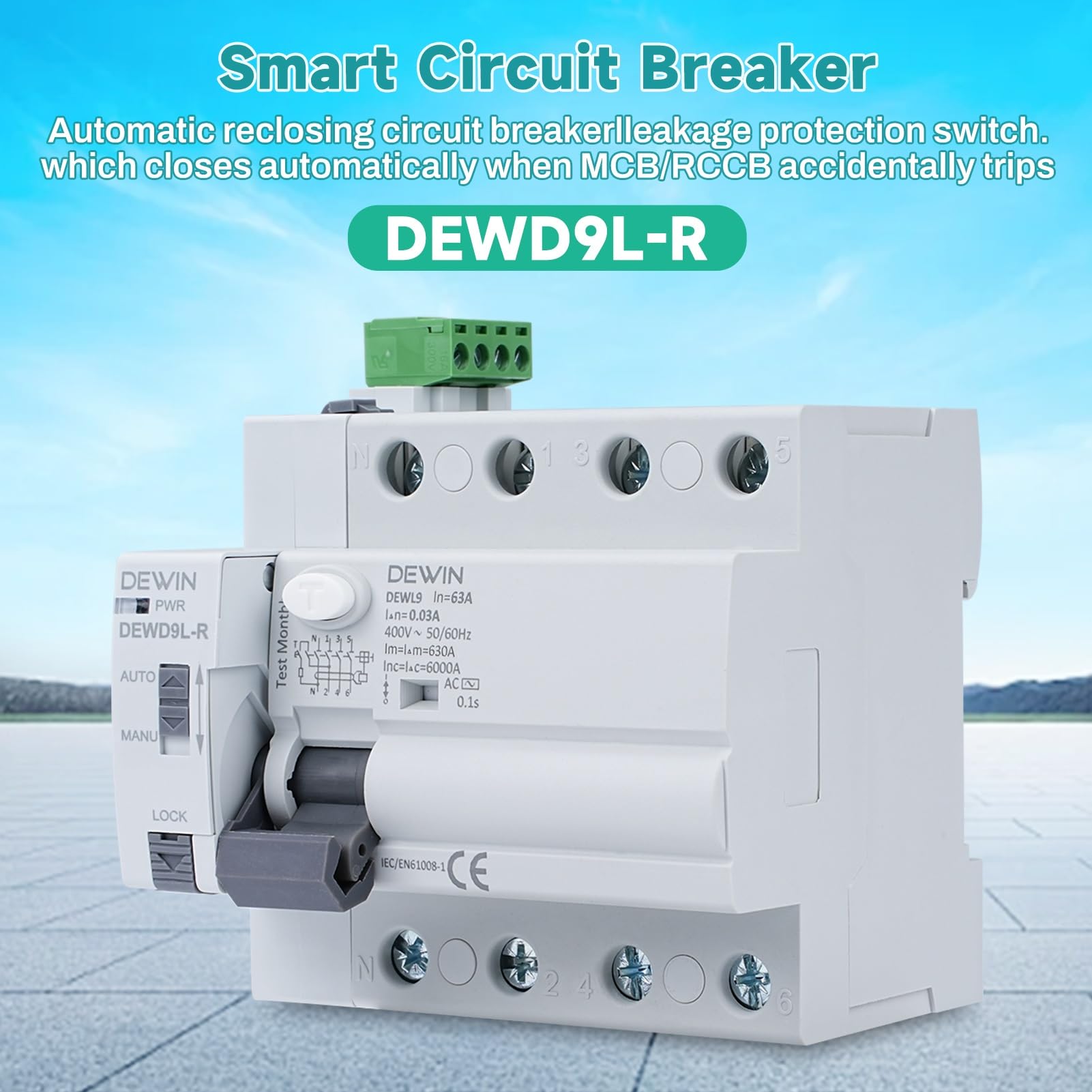 DEWIN FI-Schutzschalter mit Automatische Wiedereinschaltung, DEWD9L-R RCCB Automatisches Wiedereinschaltgerät Leistungsschalter Smart Breaker 4P 63A 30mA AC 400V
