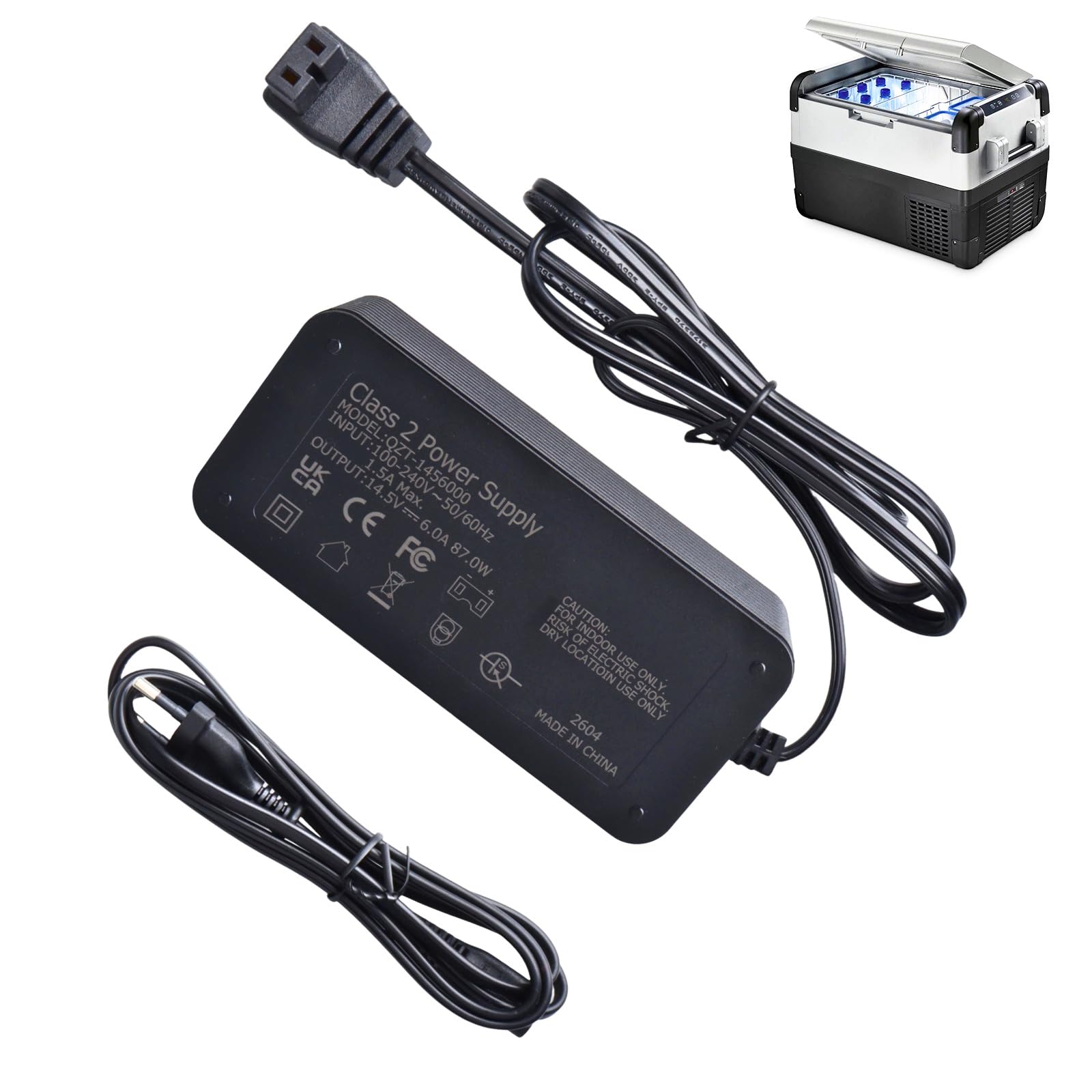 Zasilacz do lodówki, 14,5 V, 6 A, 87 W, ładowarka kompatybilna z kompresorem Dometic CFX3 Waeco CDF-26 CFX-35 CF-50 Alpicool ARB ICECO do lodówki samochodowej, zamrażarki, kabel zastępczy 100 V-240 V