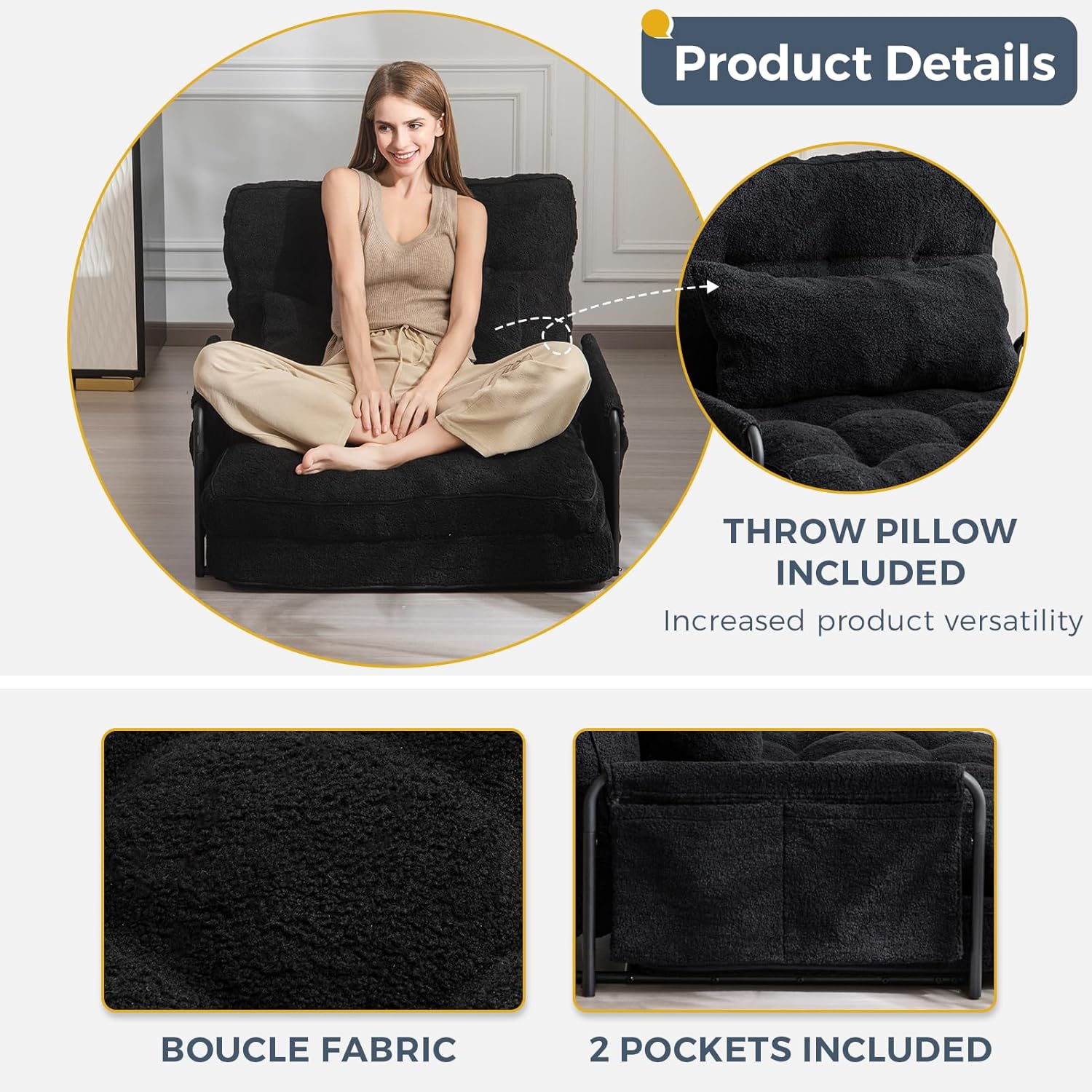 MAXYOYO Adjustable Floor Sofa Couch with Pillow, 5-Position Boucle Bean Bag Bed, Convertible Lazy Sofa Sleeper Bed with Armrest, Versatile Floor Seating Couch for Living Room Guest Room, Black, Single