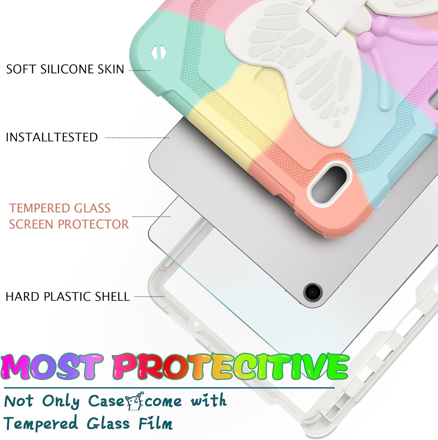 Ambison iPad Air 11 inch Case 6th Generation 2024(M2), with 9H Tempered Glass Screen Protector,Full-Body Shockproof Sturdy Cute Cover with Butterfly Wings Stand,Shoulder Strap,Pencil Holder-Multicolor