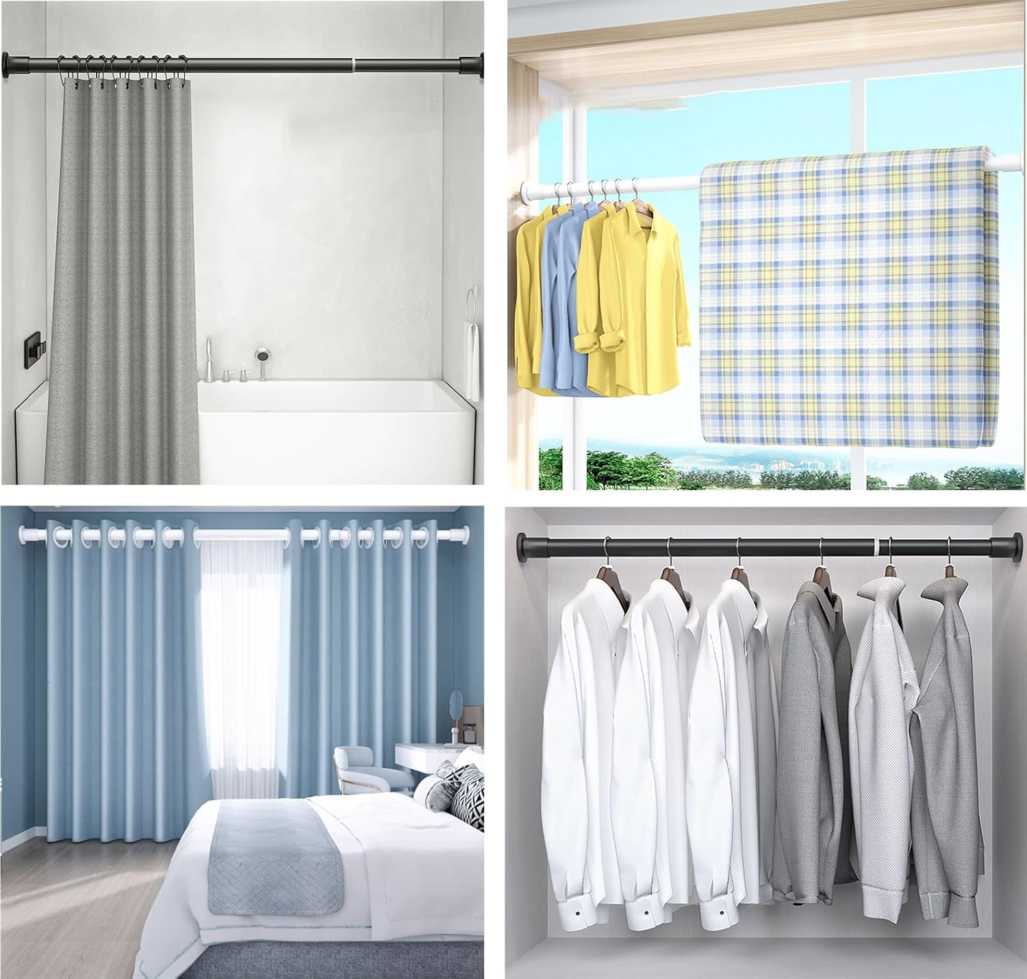 Stainless Steels Wardrobe Bars, 21 26 30 42 68 110 115 Inches Tension Rod for Bathroom Bedrooms Balcony, Black Closet Rod No Drill Load Capacity 135 Kg/298Lb(Black,110-190cm/42.9-74.1in)