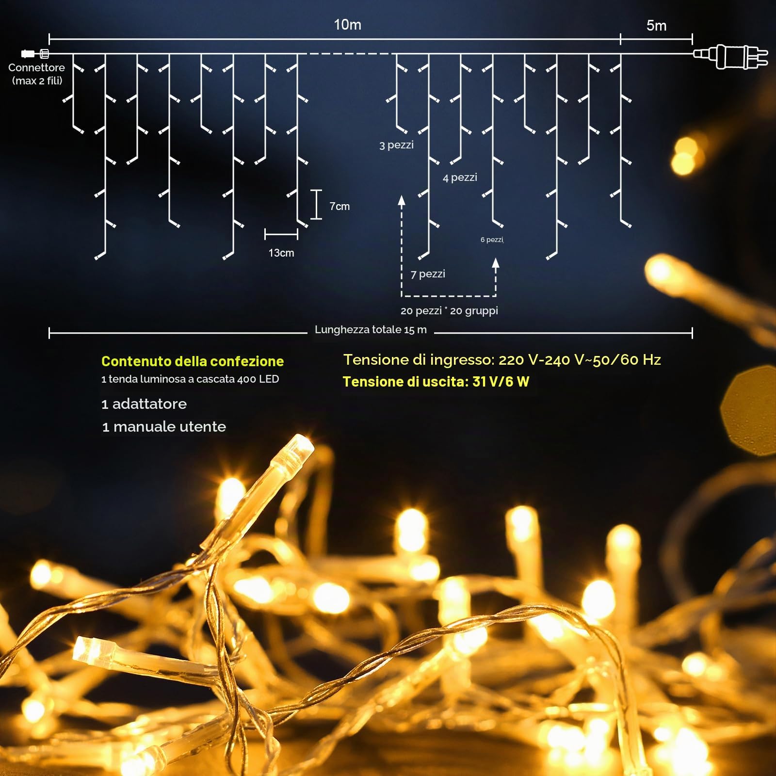 Catena Di Luci Esterna A Gocce Di Ghiaccio 400 LED Illuminazione Di Natale Tenda Di Luci Esterna Con 8 Modalità Timer Per Natale, Matrimonio, Halloween, Bianco Caldo