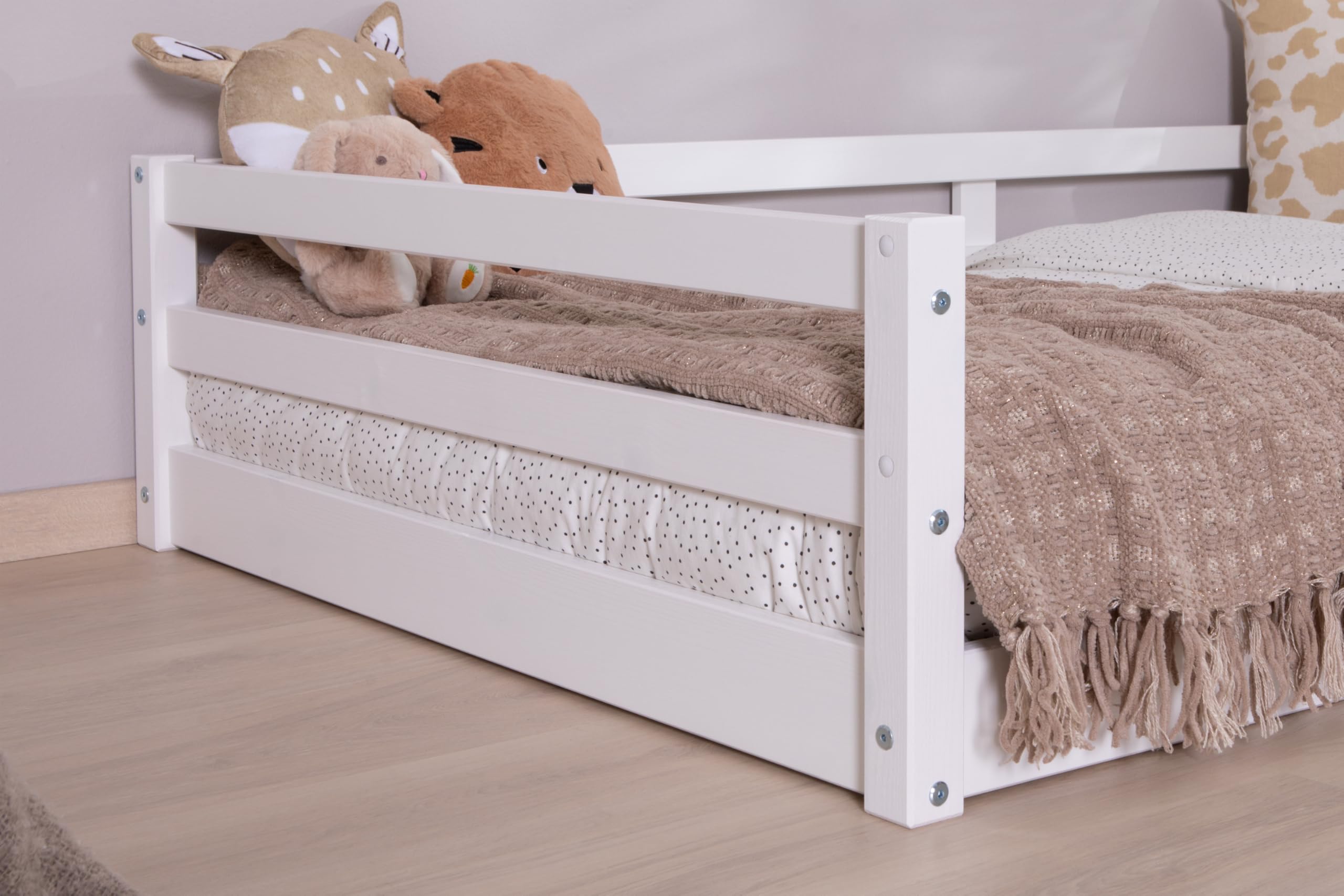 TiCAA Bodenbett, Kinderbett Massivholz – Montessori Bett „Neo“ aus Kiefer mit Lattenrost und Rausfallschutz, Holzbett belastbar bis 150 kg