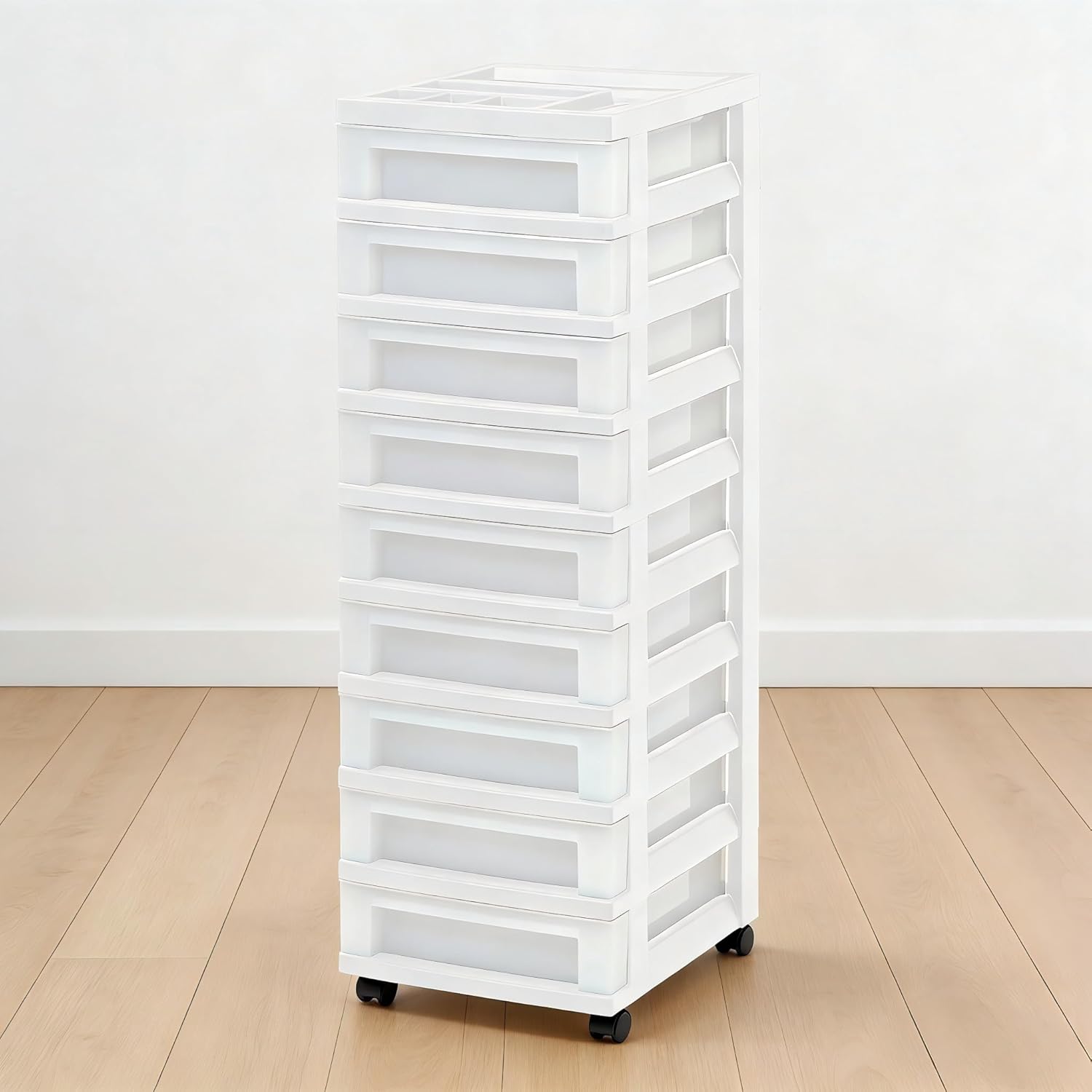 9-Drawer Narrow Plastic Storage Cart with Organizer Top,Rolling Storage Drawers for Home & Office, White