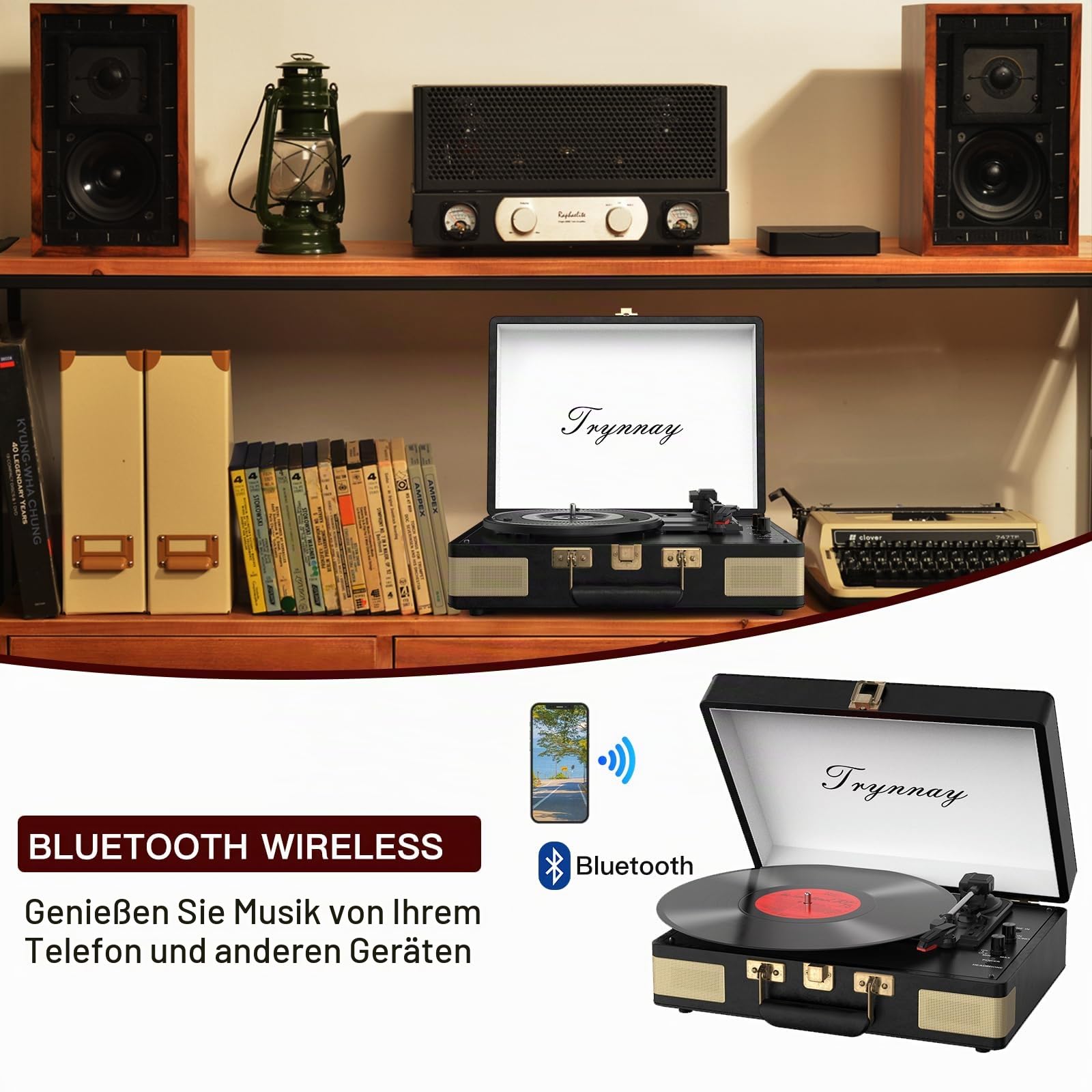Trynnay Plattenspieler 3 Geschwindigkeiten Bluetooth Tragbarer Koffer Vinyl-Player mit eingebauten Lautsprechern Plattenspieler Verbesserter Audio-Sound PU-Leder Vintage Schwarz