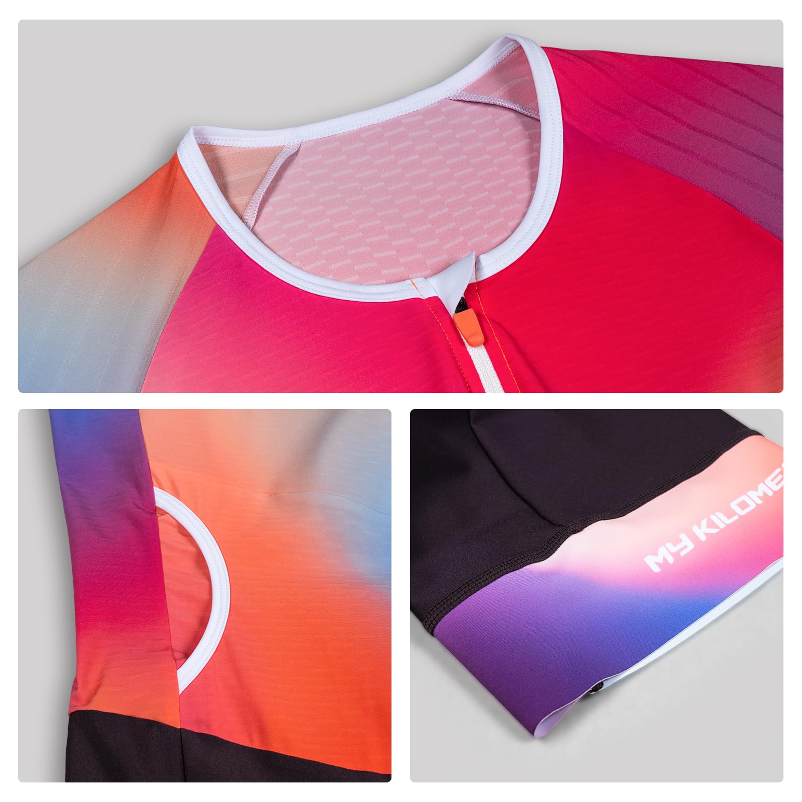 MY KILOMETRE Traje de Triatlón para Mujer Corta Manga – Trisuit con Cremallera Completa y Bolsillos Traseros Secado Rápido para Natación, Ciclismo y Carrera UPF50+