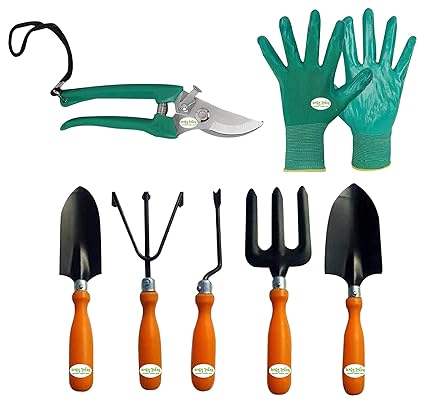 Leafy Tales Gardening Tool Kit Set of 7 (5 Tools + Pruner Scissors + Gloves)