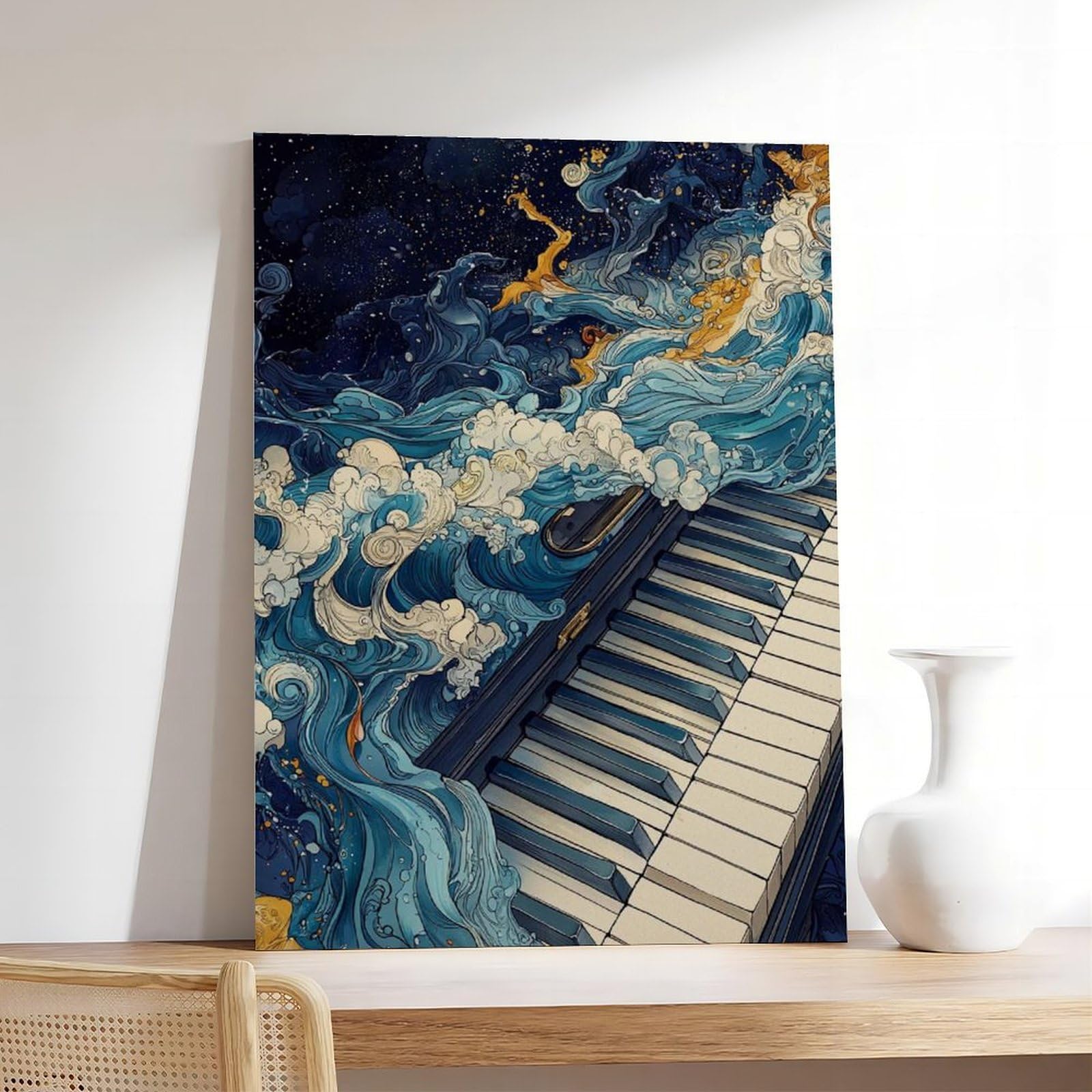 Poster con pianoforte con onde oceaniche, arte da parete musicale, poster per camera da letto, decorazione per ufficio, camera da letto, regalo, 61 cm L x 91,4 cm W