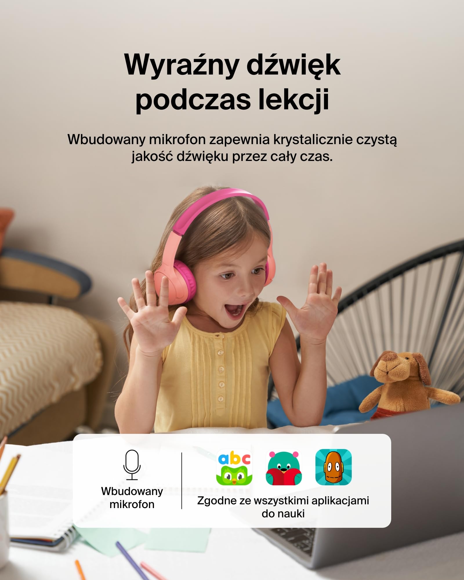 Bezprzewodowe słuchawki dla dzieci Belkin SoundForm Mini, wbudowany mikrofon, 30 h odtwarzania, z naklejkami – nauszne słuchawki do nauki zdalnej, szkoły, podróży, iPhone'a, iPada, Galaxy – różowe