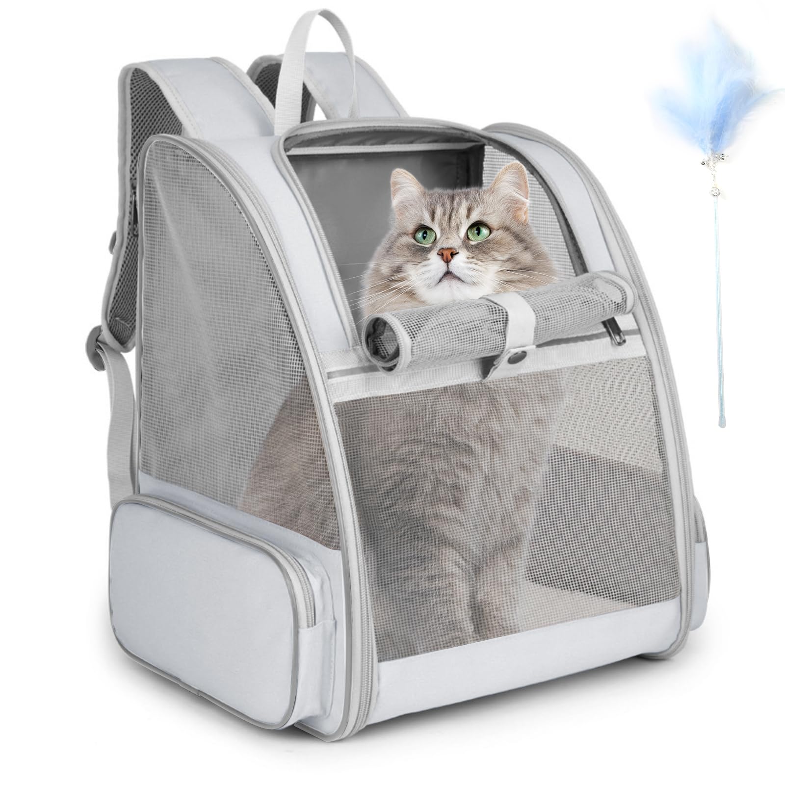 cat backpack carrier, large pet backpack with kitten wand feather toy for medium small dog cat puppy kitty bunny up to 15lbs, ventilated mesh dog travel carrier for hiking walking outdoor use (grey)
